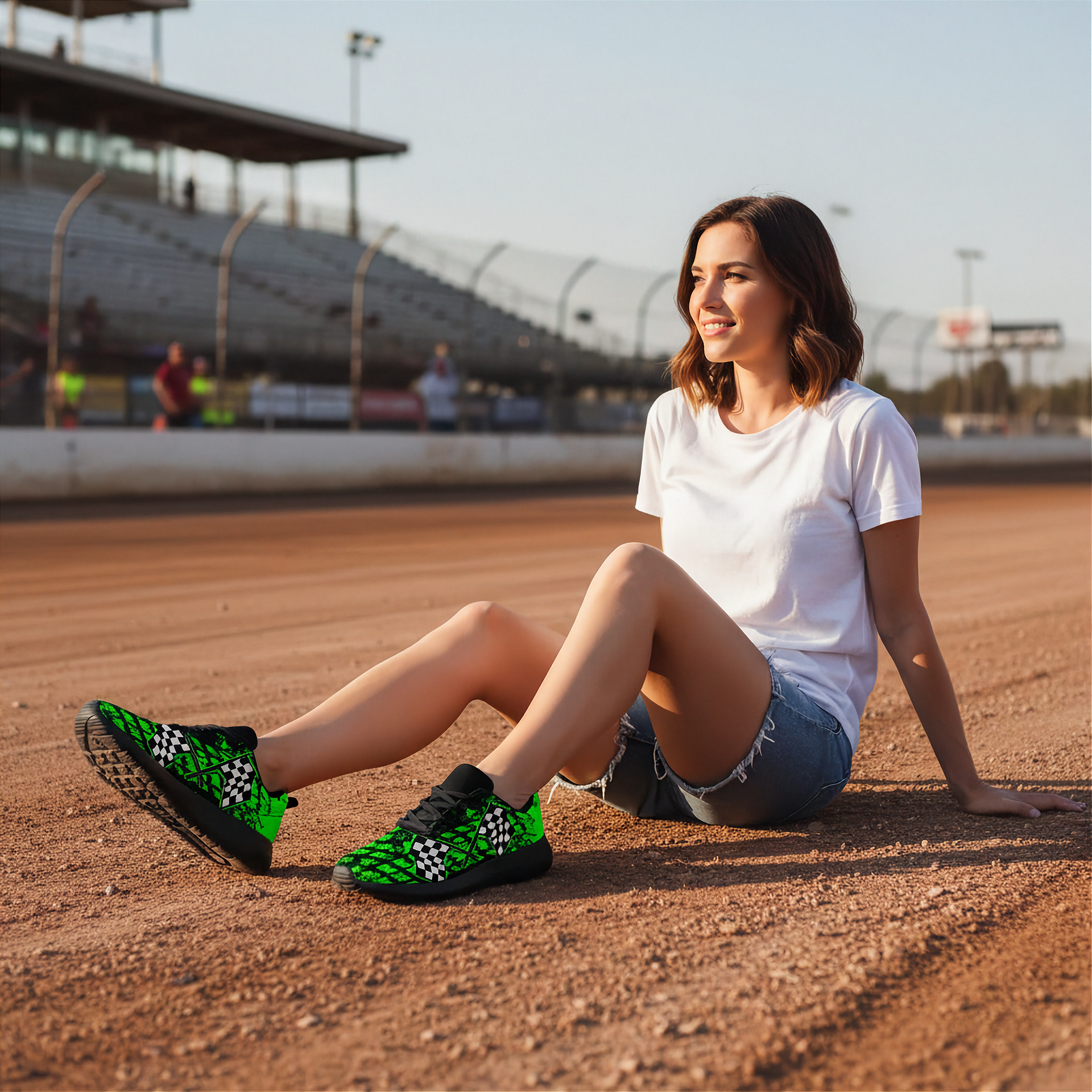 Woman sitting on a dirt track wearing green and black shoes