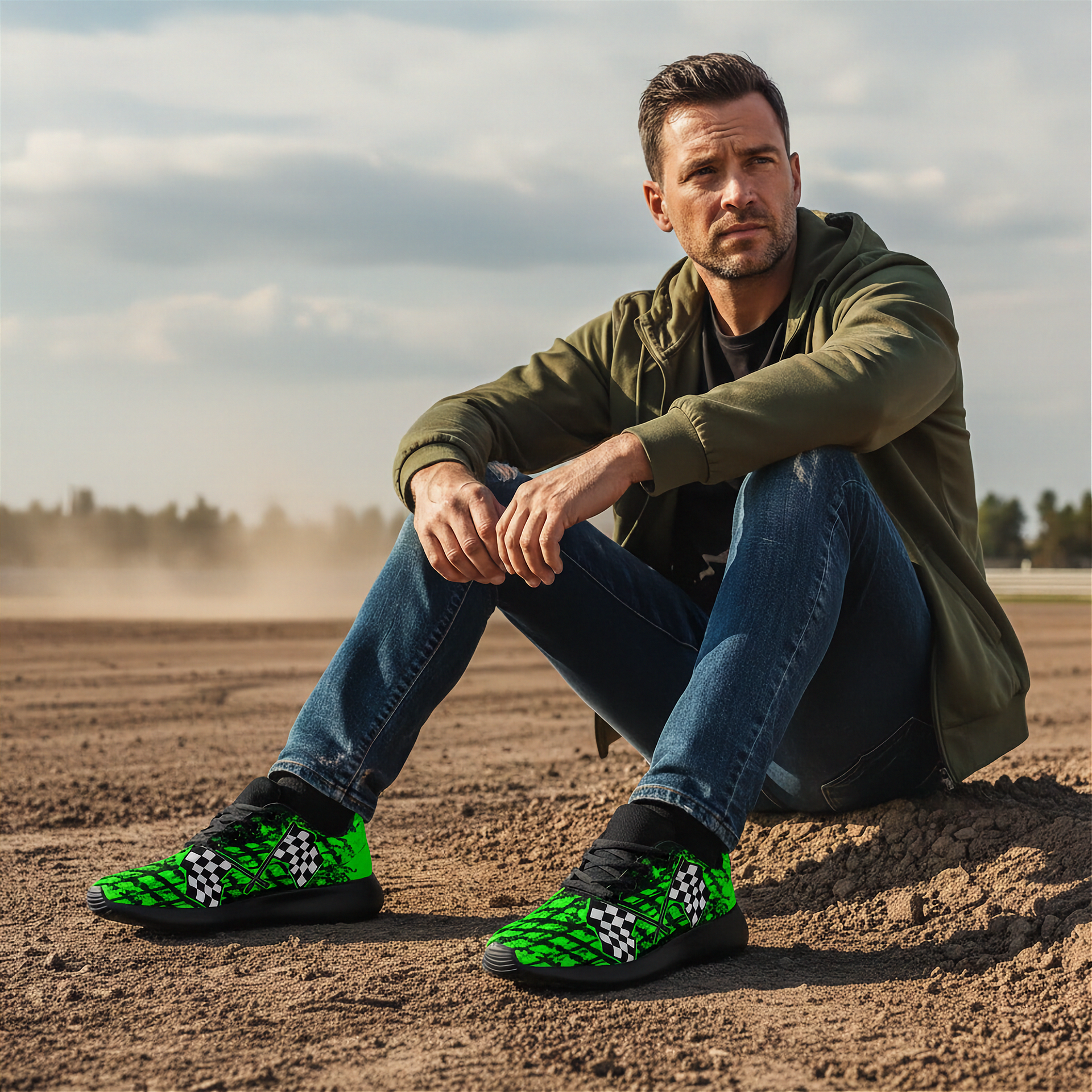 a man sitting at a dirt track wearing a black and green dirt racing sneakers
