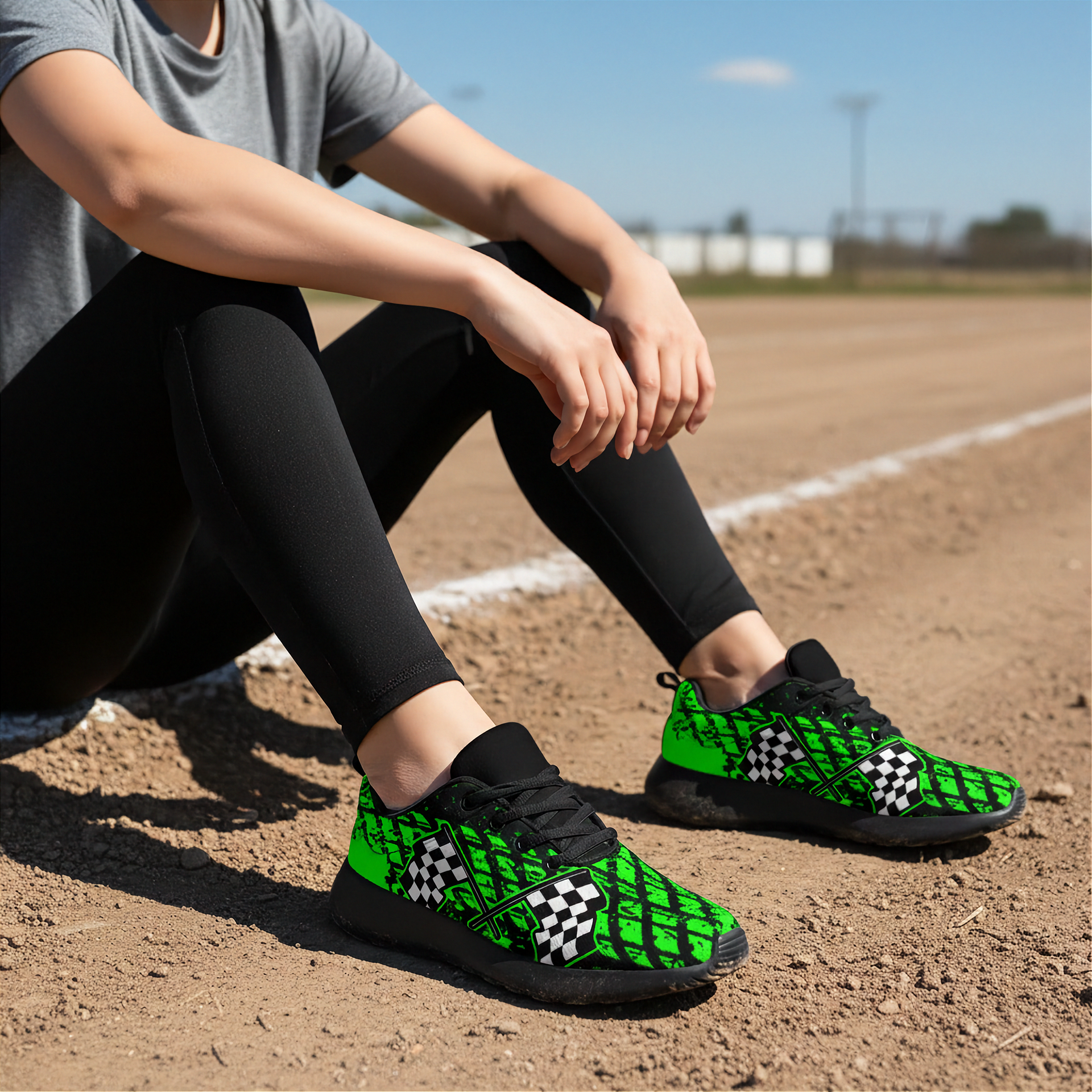 woman sitting at a dirt track wearing a racing black and green checkered shoes