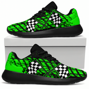 Green and black checkered patterned sneakers on a white background