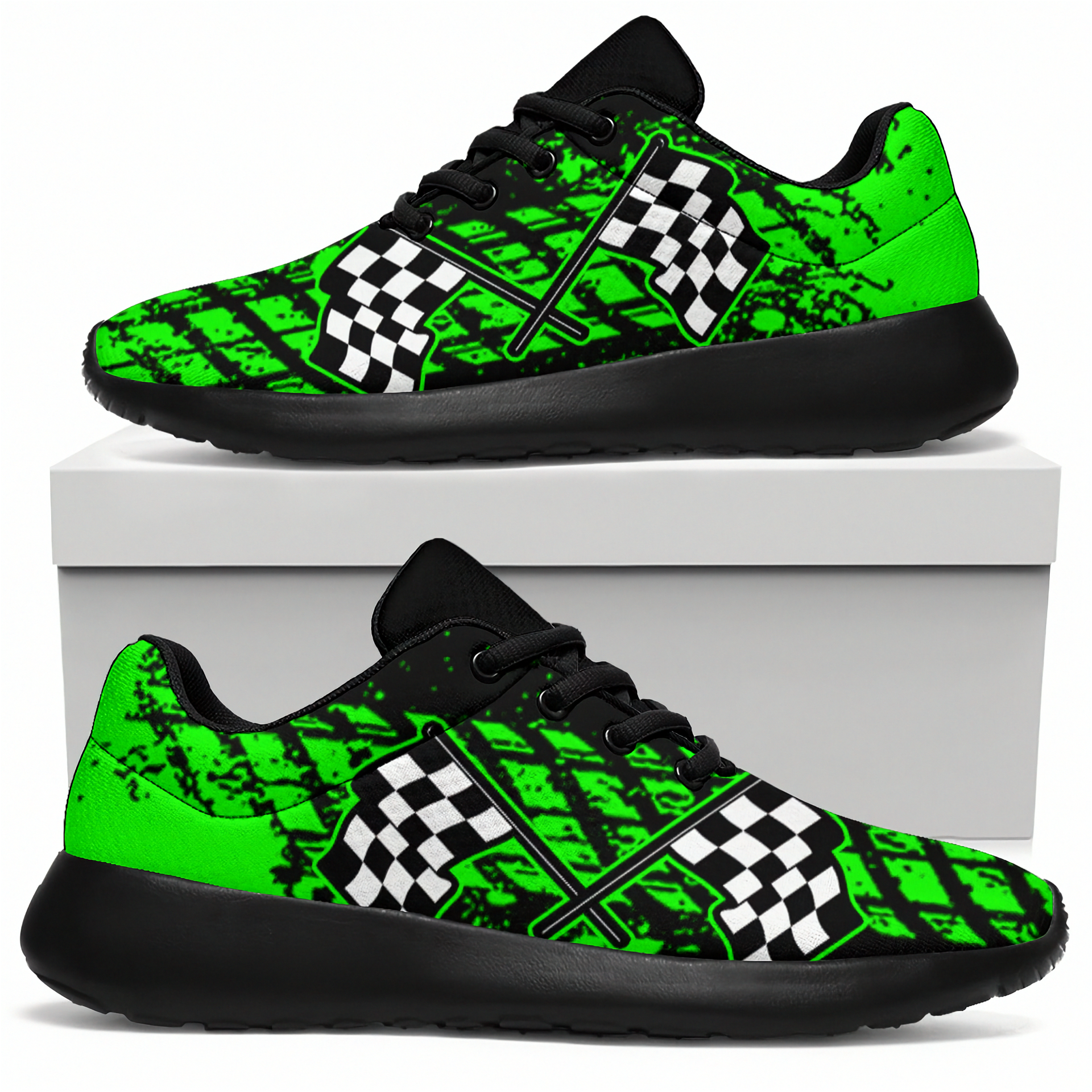 Green and black checkered patterned sneakers on a white background