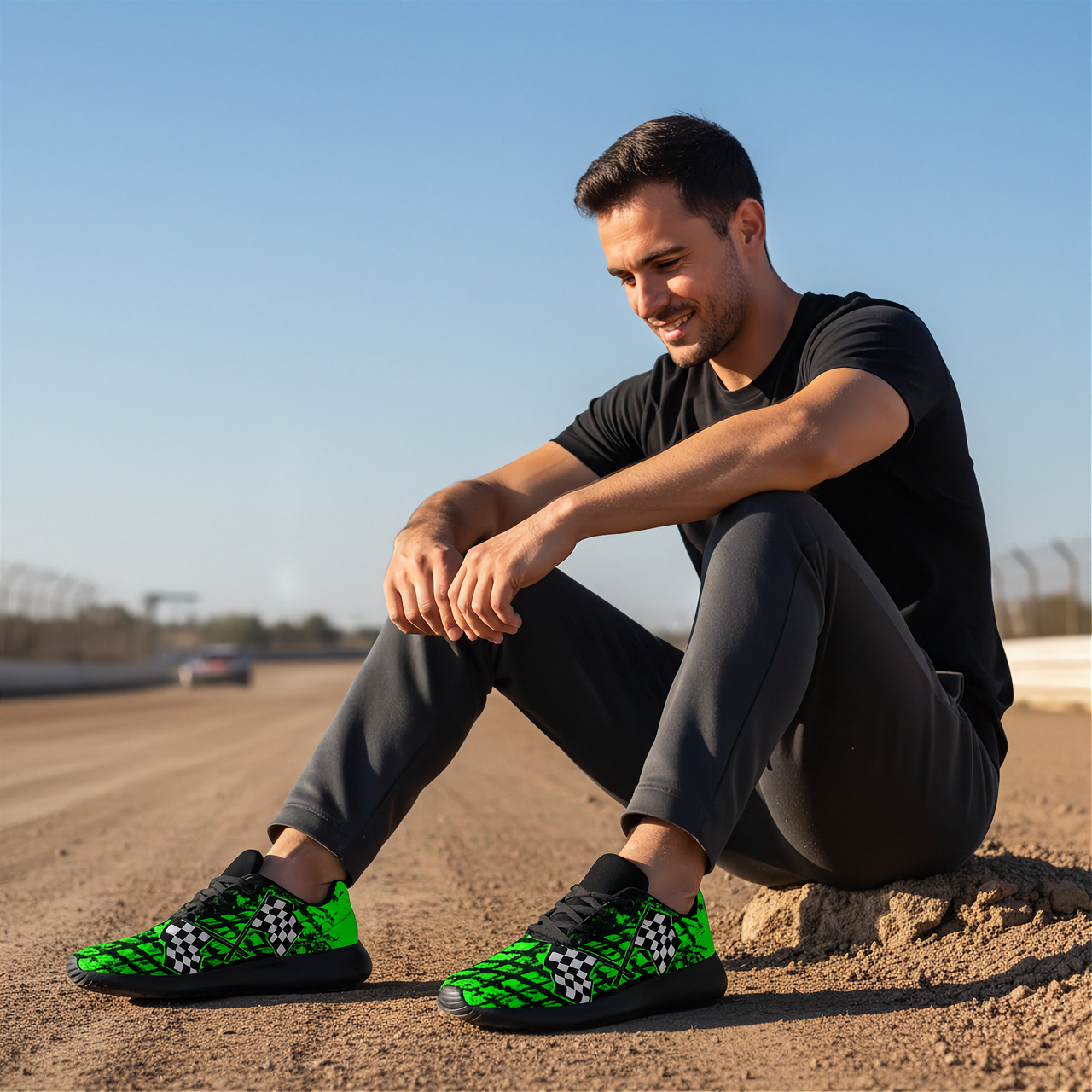 Man sitting on a dirt track wearing black and green checkered shoes.