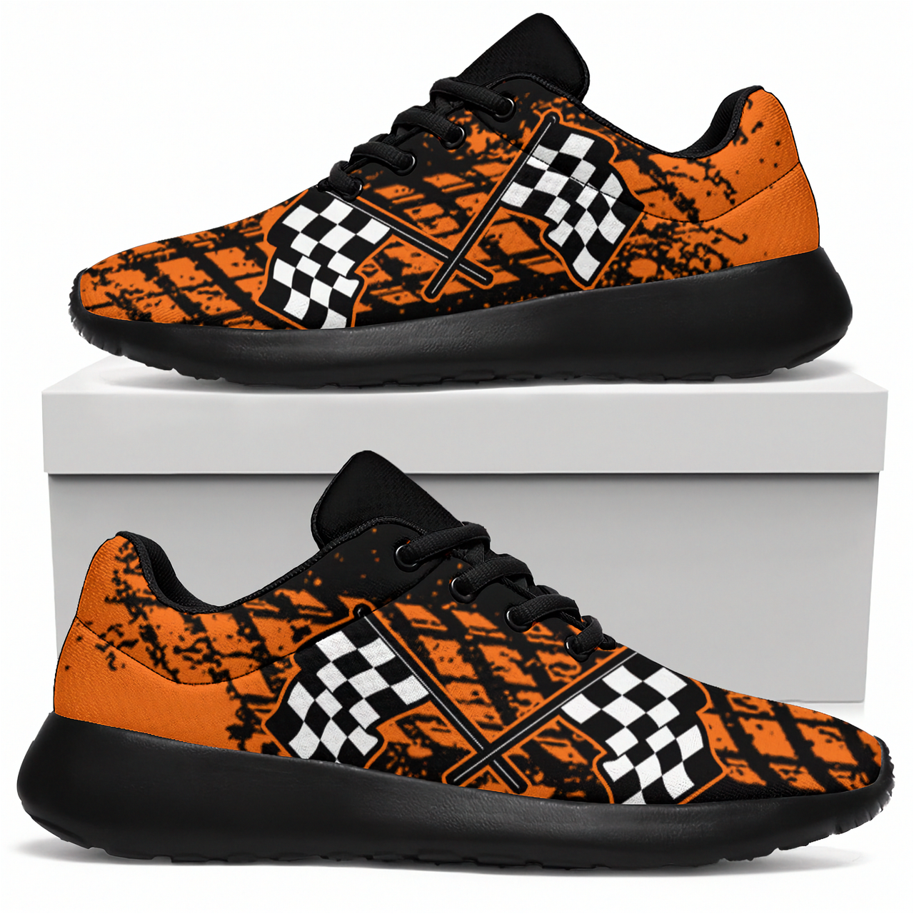 Orange and black sneakers with checkered pattern on a white box