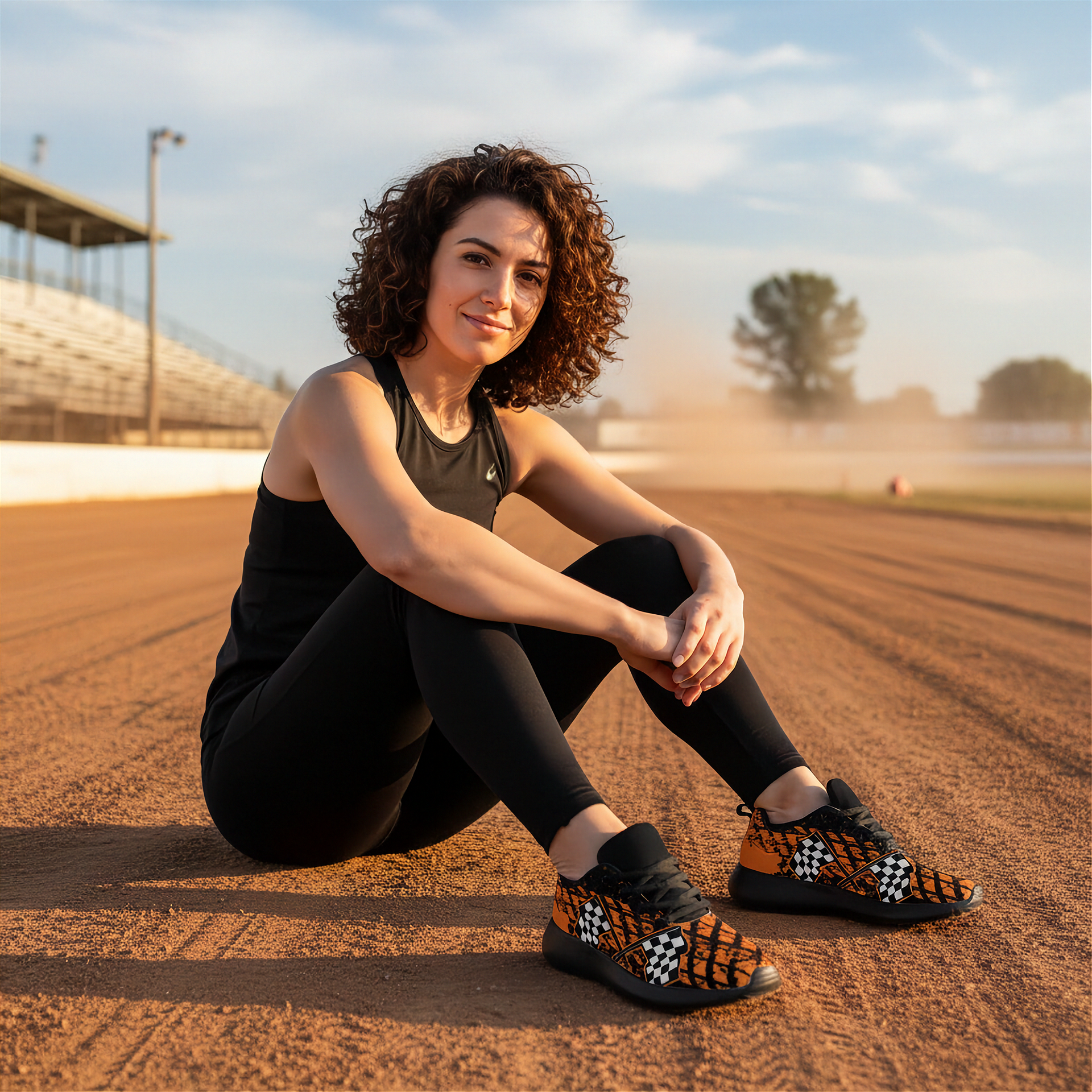 Woman sitting on a track wearing black athletic outfit and orange checkered shoes, with a stadium in the background.
