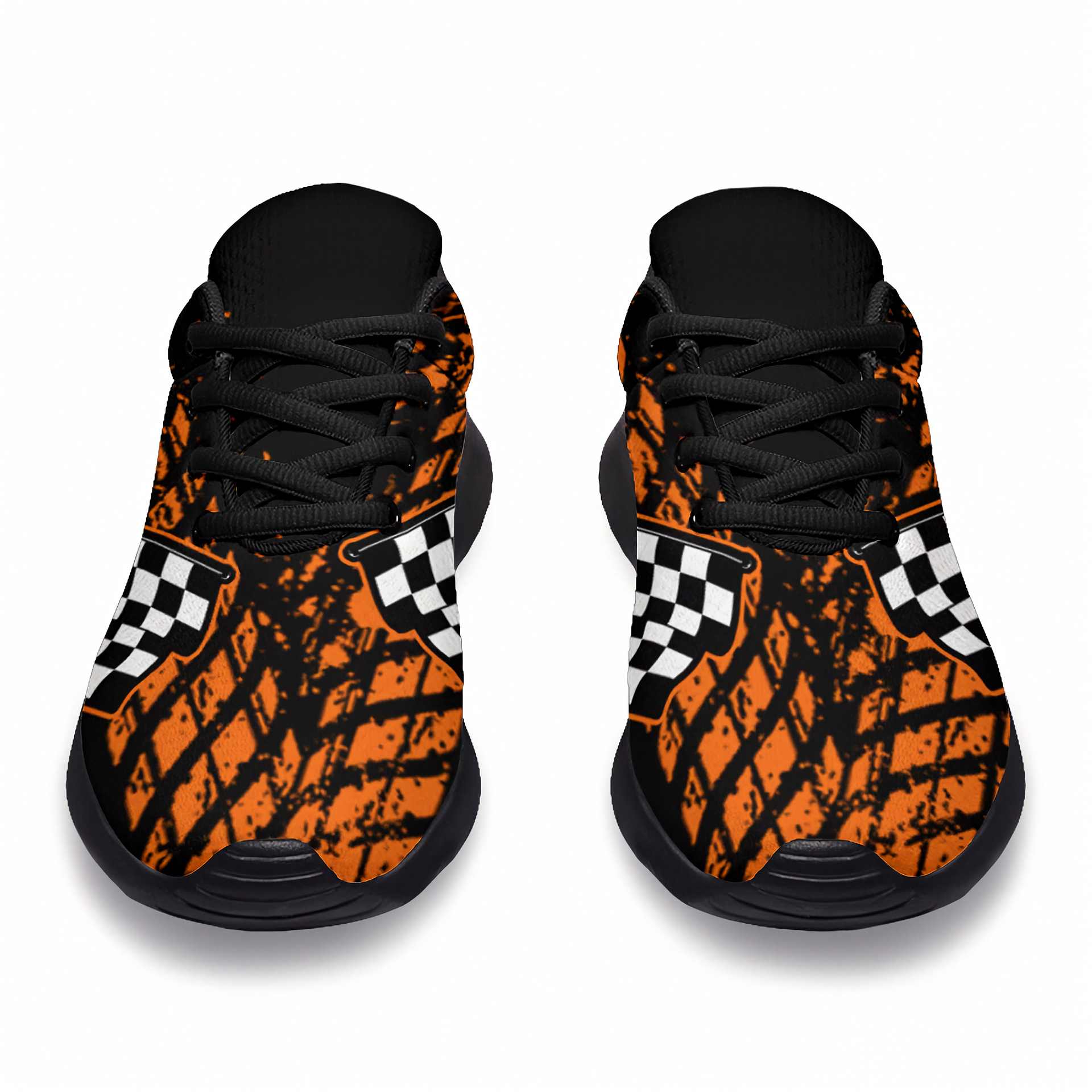 Pair of black and orange checkered pattern shoes on a white background