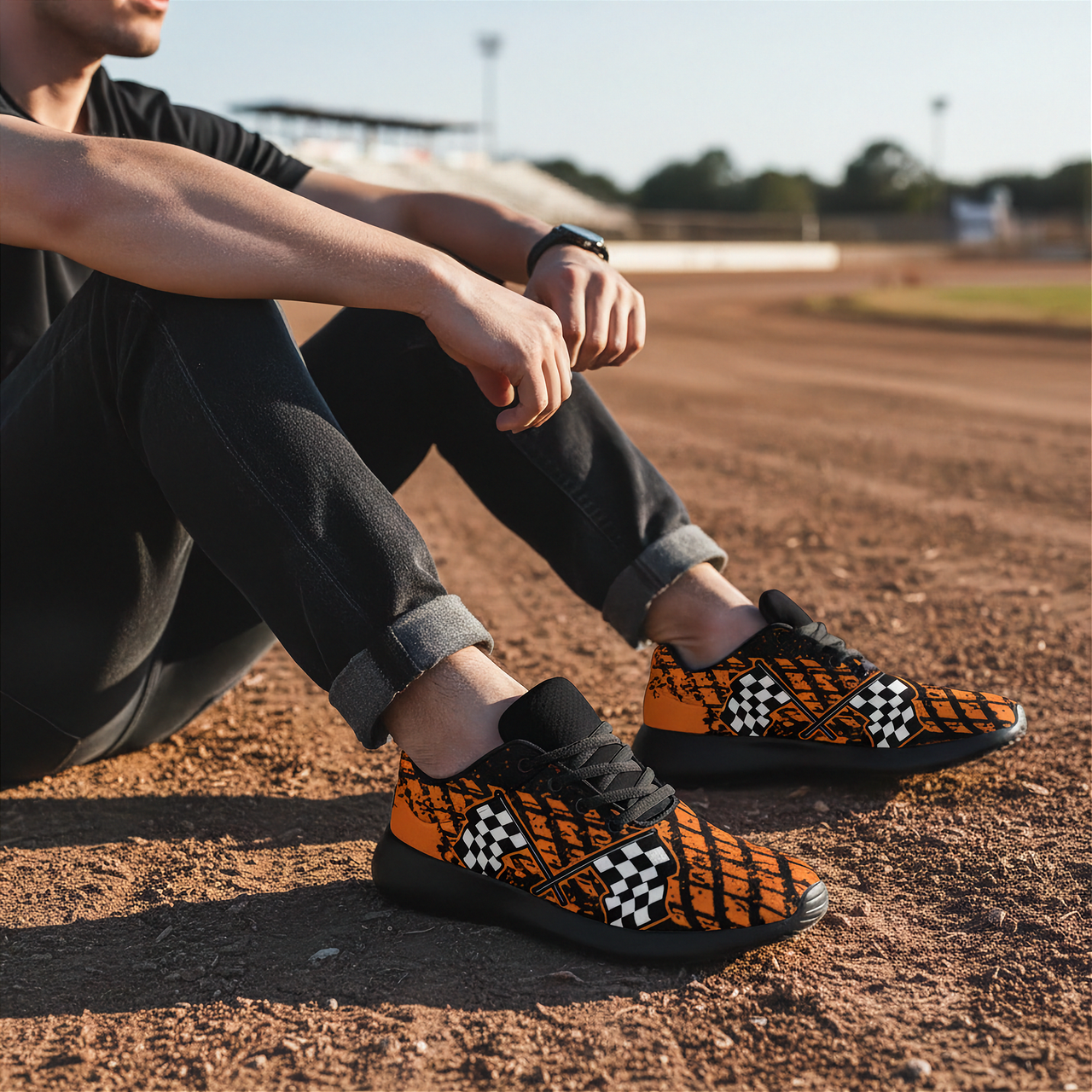 man sitting on a dirt track wearing a checkered patterned shoes