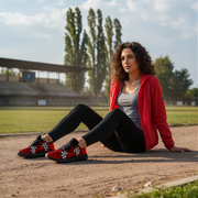 Woman sitting on a dirt path wearing red and black patterned shoes, red jacket, and black leggings.