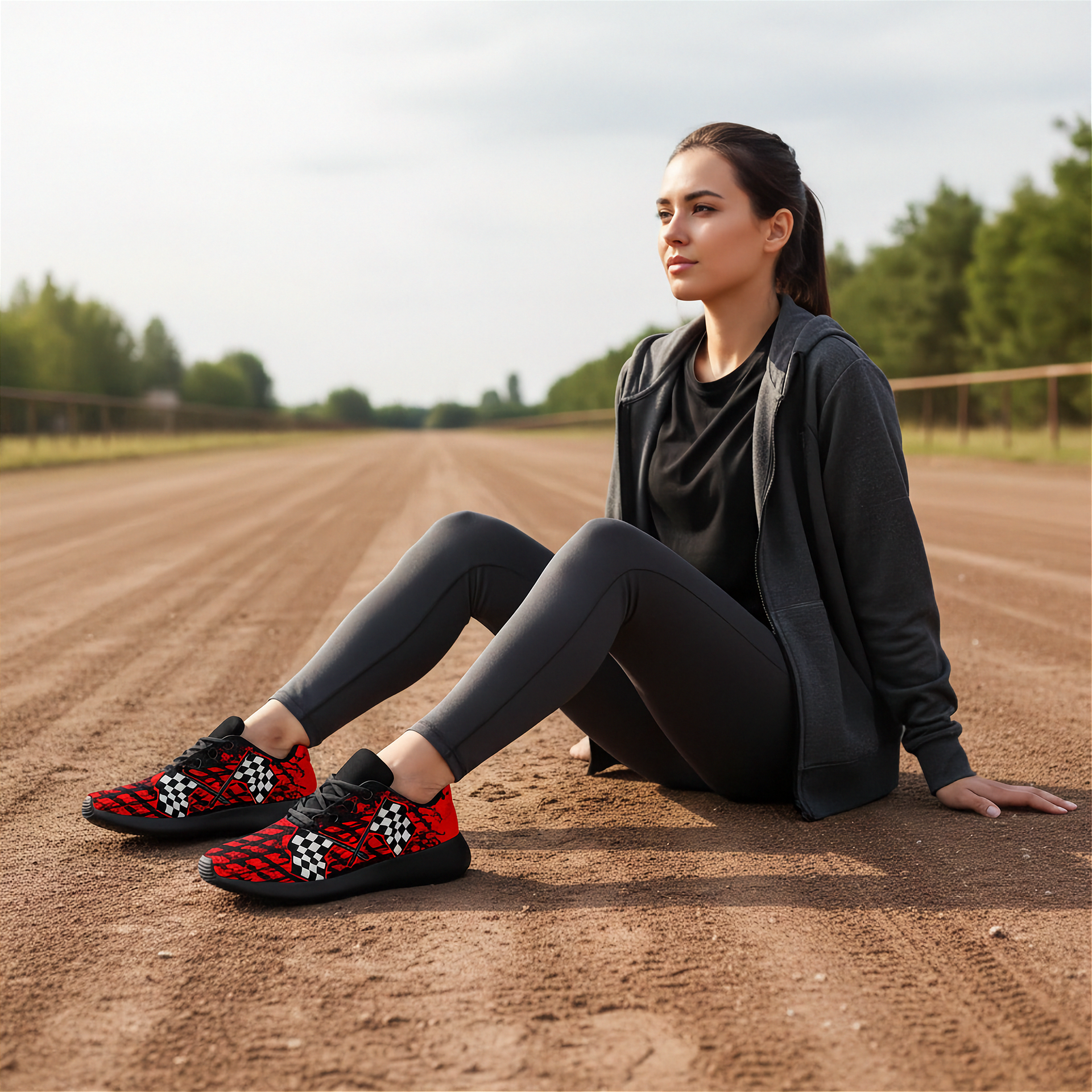 Woman sitting on a dirt track wearing black and red dirt racing checkered patterned shoes