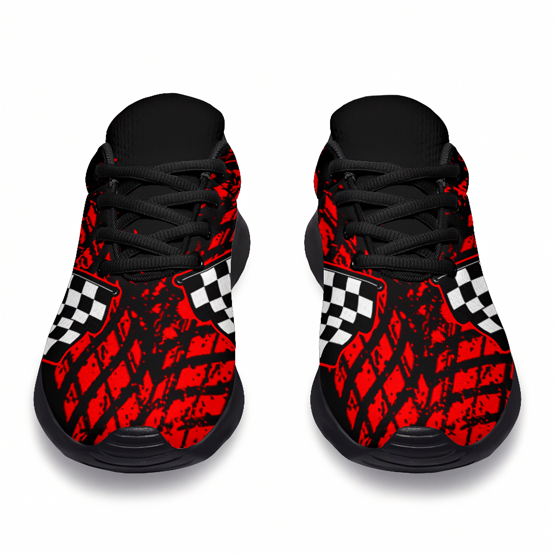 Red and black checkered patterned shoes on a white background