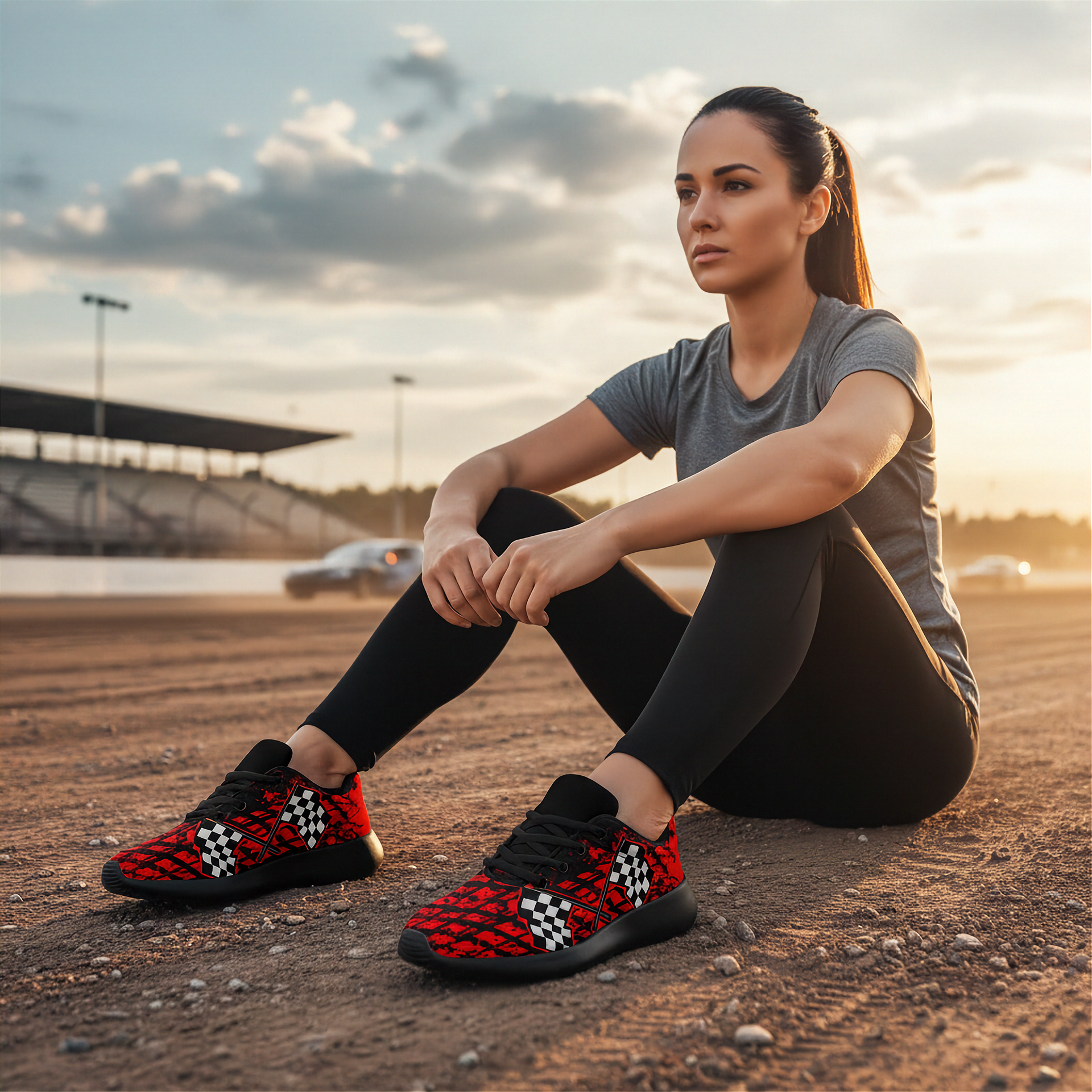 Woman sitting on a track wearing red and black checkered shoes at sunset.