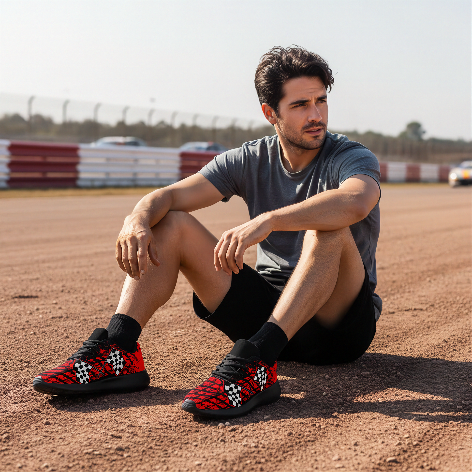 Man sitting on a dirt track wearing red and black checkered shoes