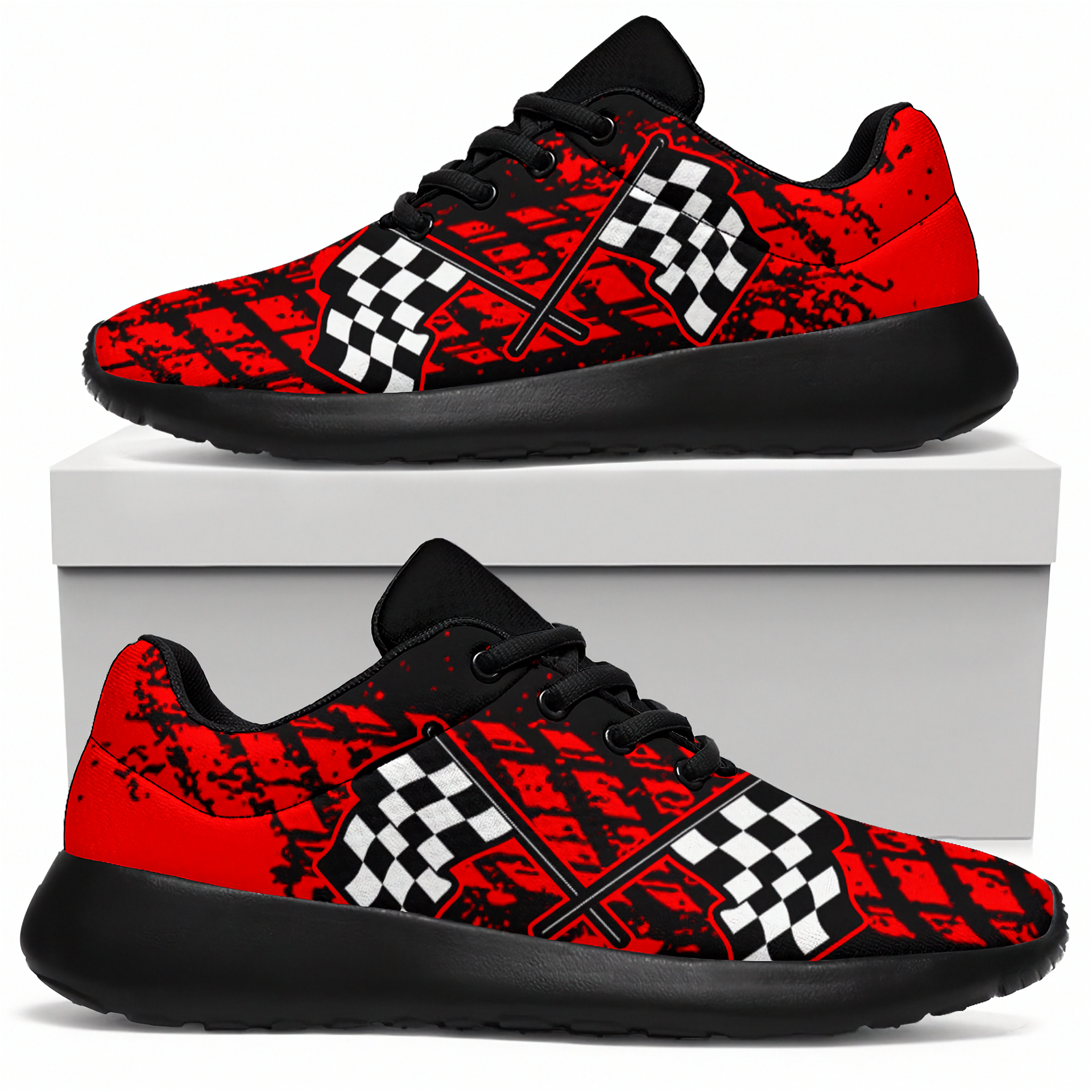 Red and black checkered patterned sneakers on a white background