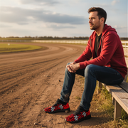 Man sitting on a wooden bench at a race track wearing red shoes with black patterns.