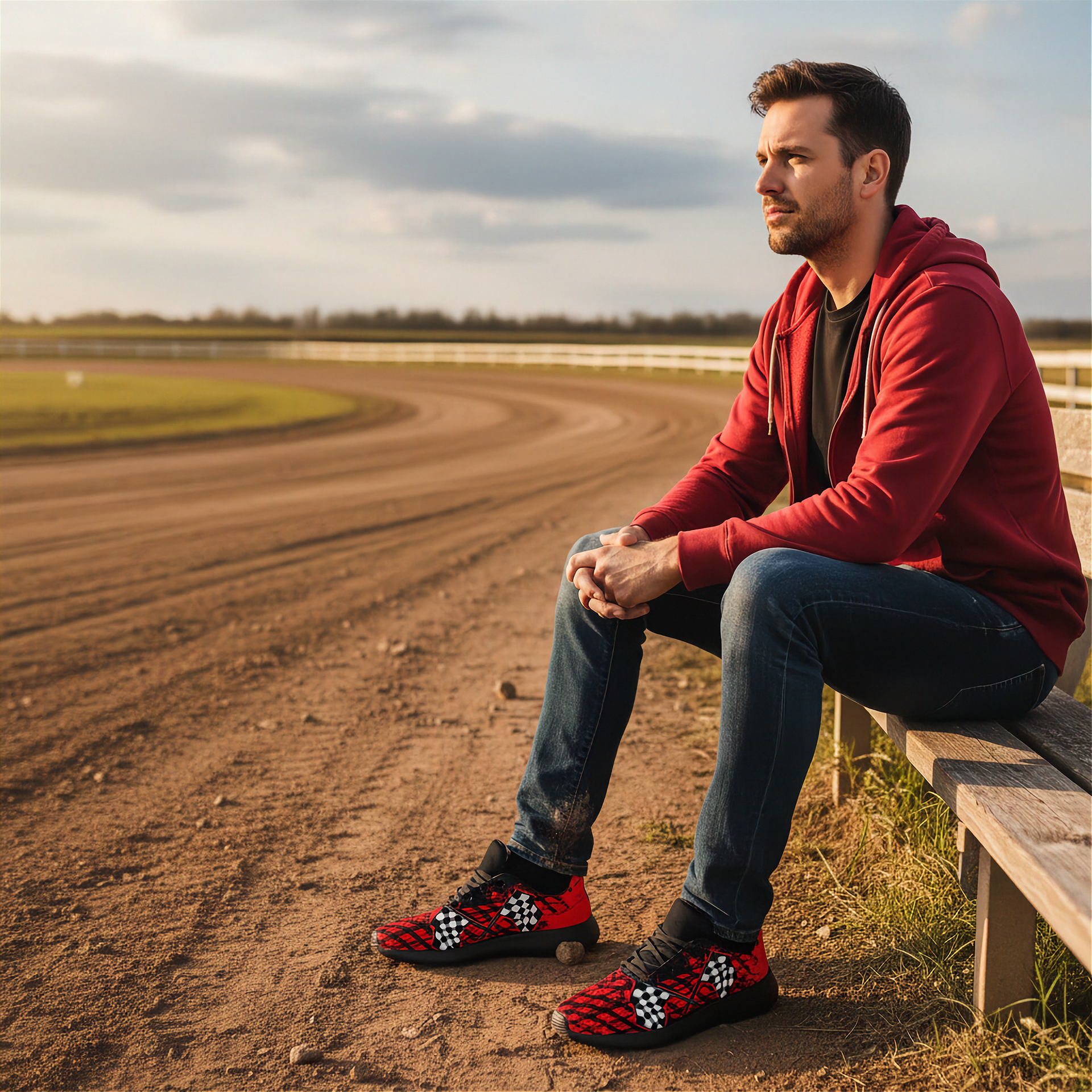 Man sitting on a wooden bench at a race track wearing red shoes with black patterns.