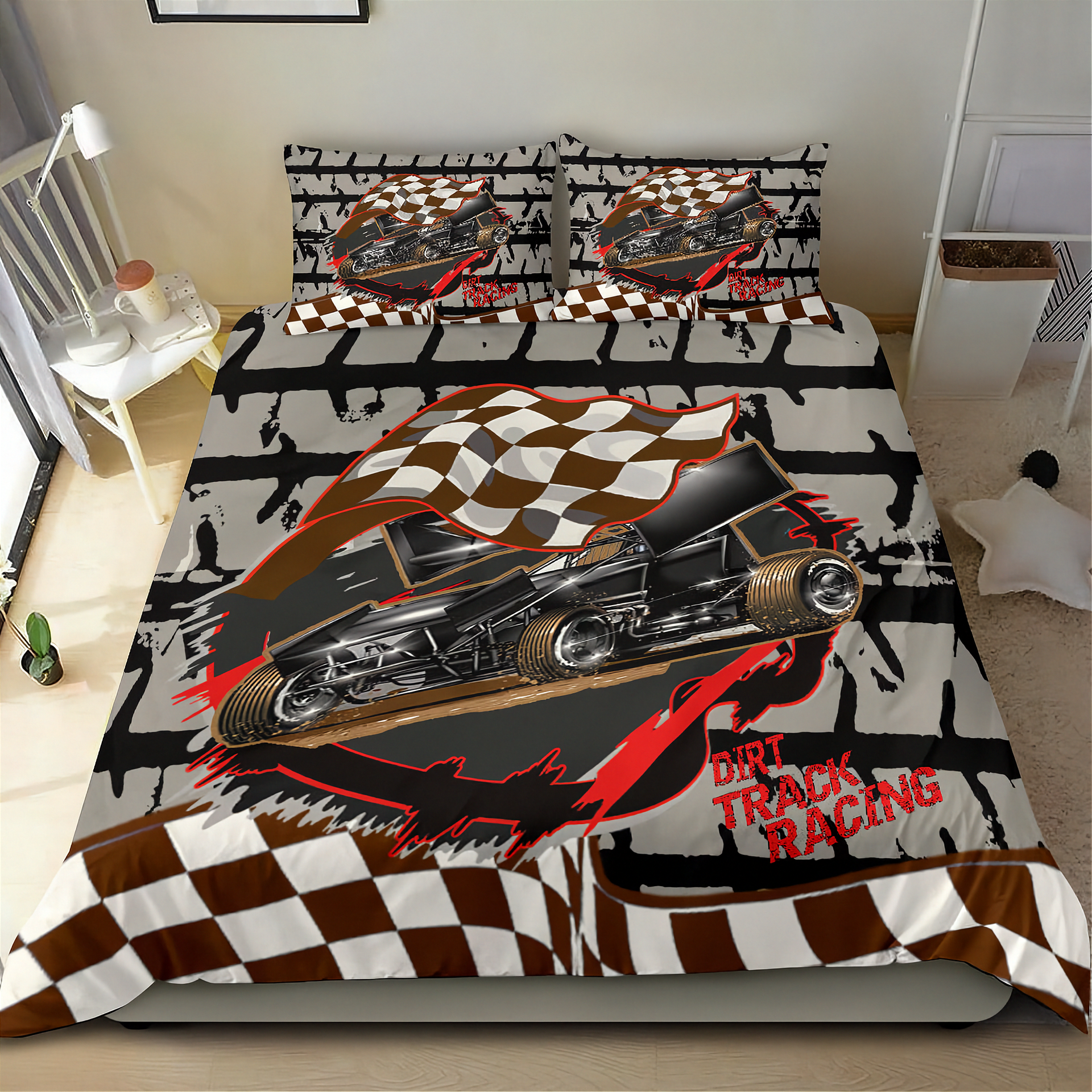 Dirt track racing bedding set with a sprint car, duvet cover full color print