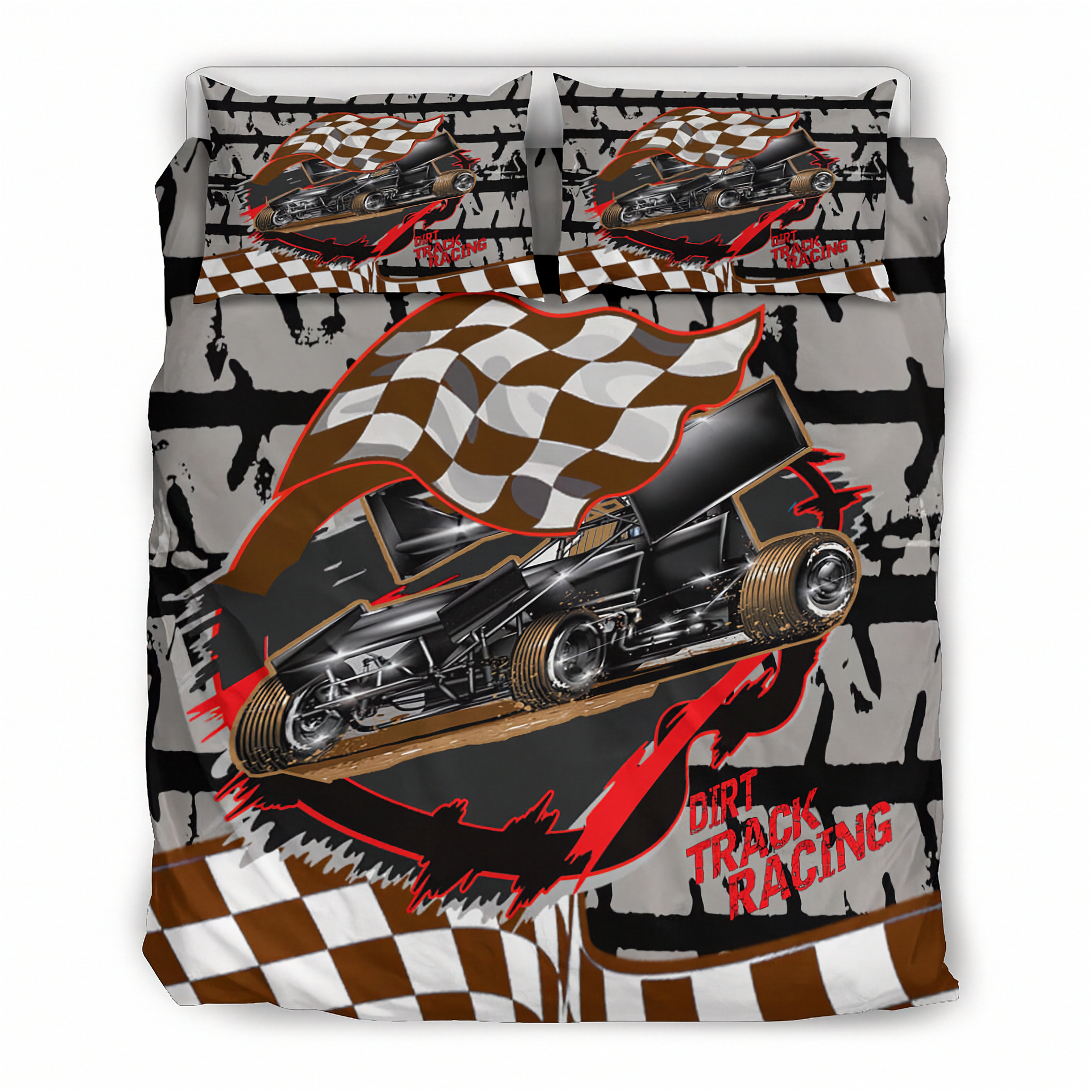 Bedding set with dirt track racing theme featuring a sprint car and checkered flag on a white background.