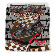 Bedding set with dirt track racing theme featuring sprint car and checkered flag on a gray background.