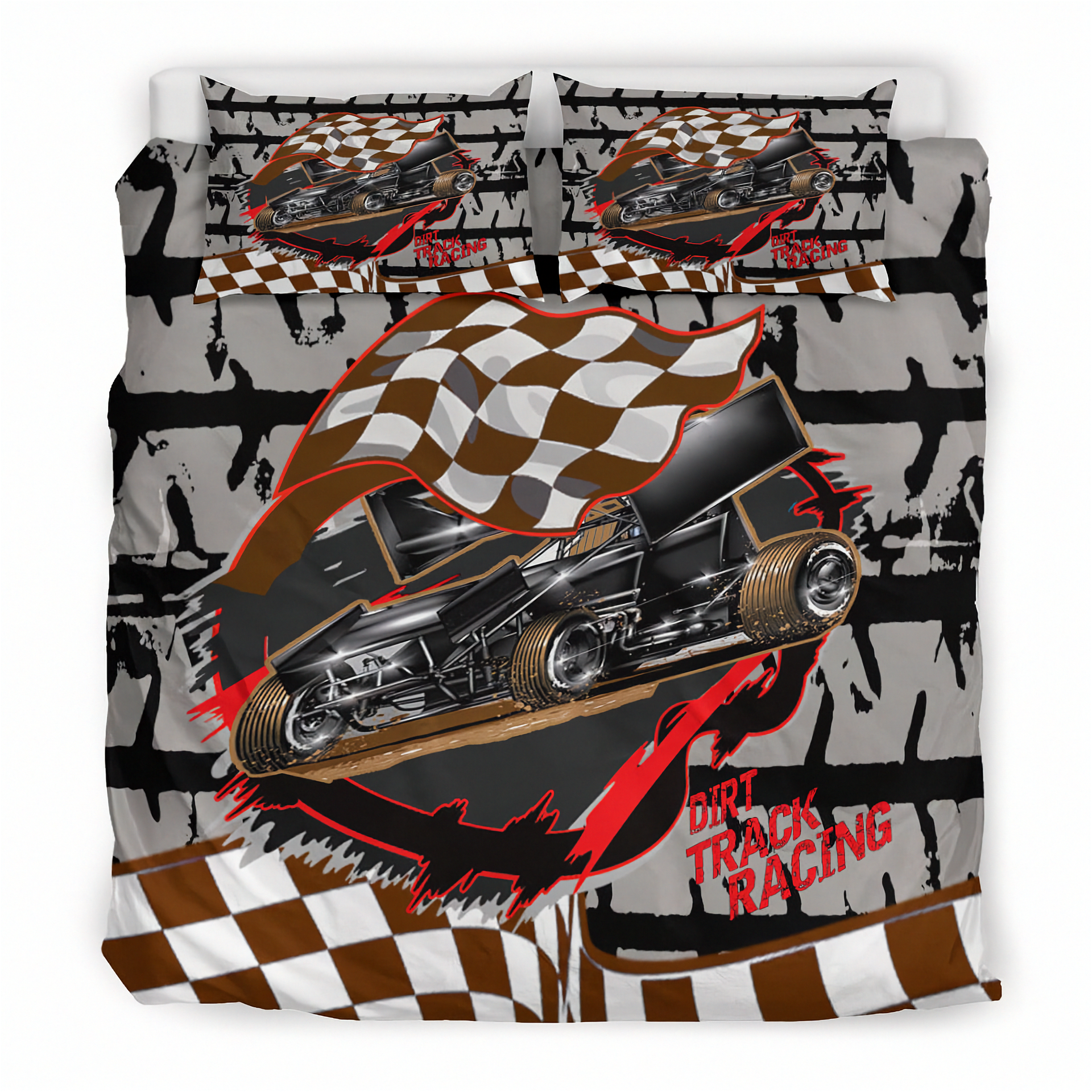 Bedding set with dirt track racing theme featuring sprint car and checkered flag on a gray background.