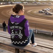 Woman sitting at a dirt race track wearing a dirt racing sherpa hoodie