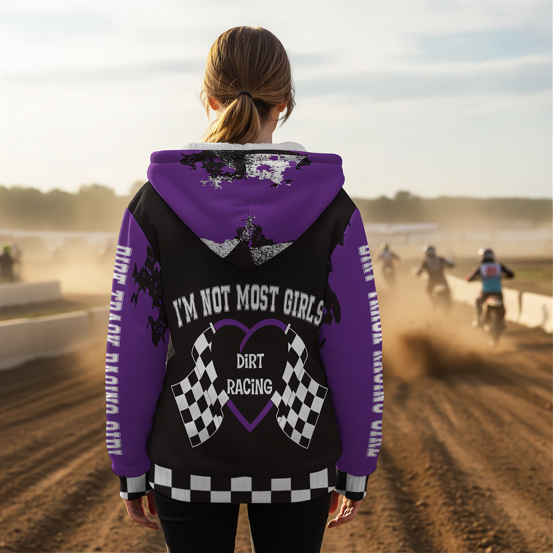 Woman standing at a dirt track wearing a dirt racing sherpa hoodie
