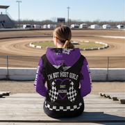 Woman sitting at a dirt track wearing a dirt racing sherpa hoodie