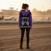 Woman standing at a dirt track wearing a dirt racing sherpa hoodie
