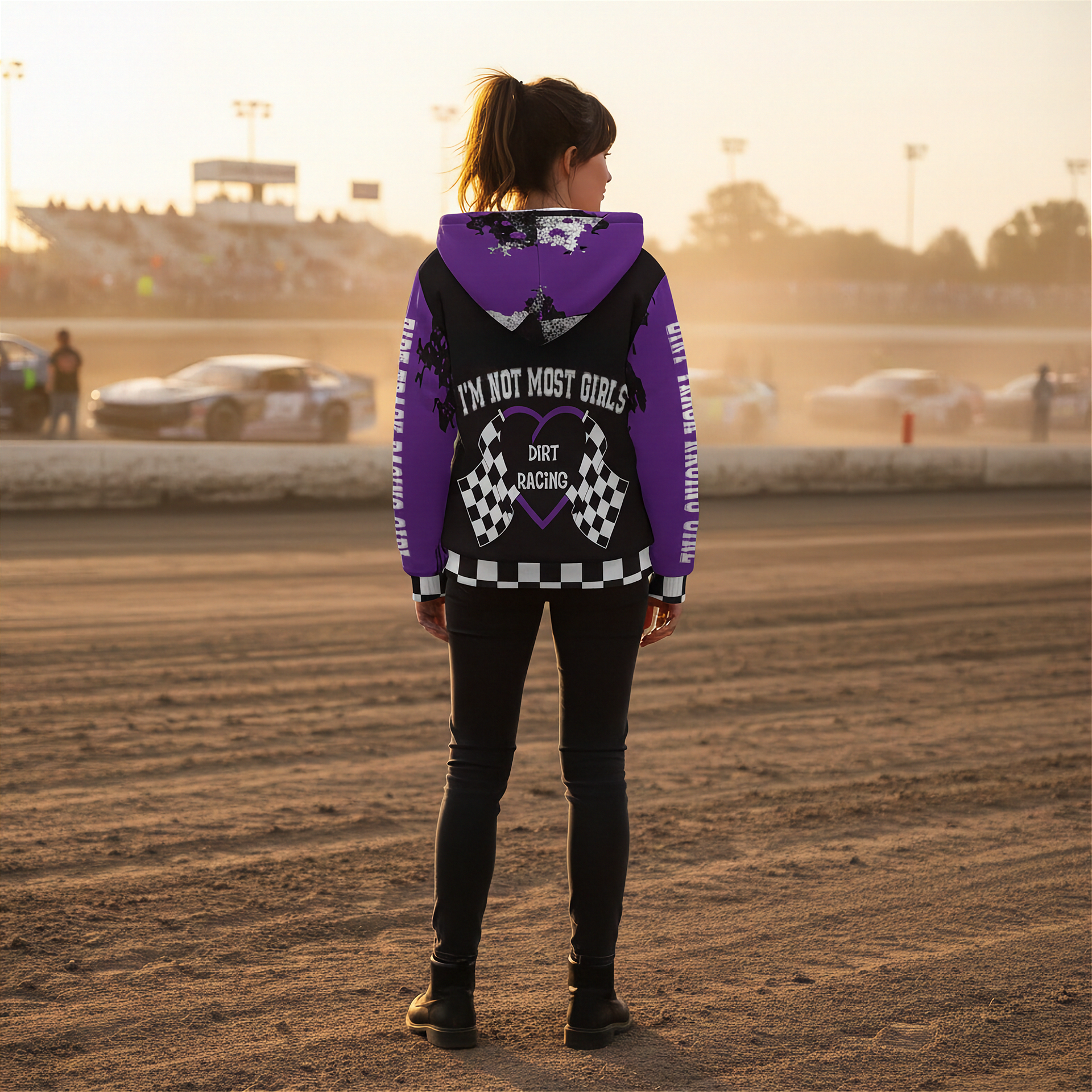 Woman standing at a dirt track wearing a dirt racing sherpa hoodie