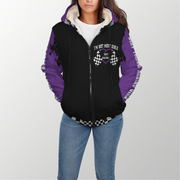 woman wearing a Black and purple dirt racing jacket with text and graphics on a white background