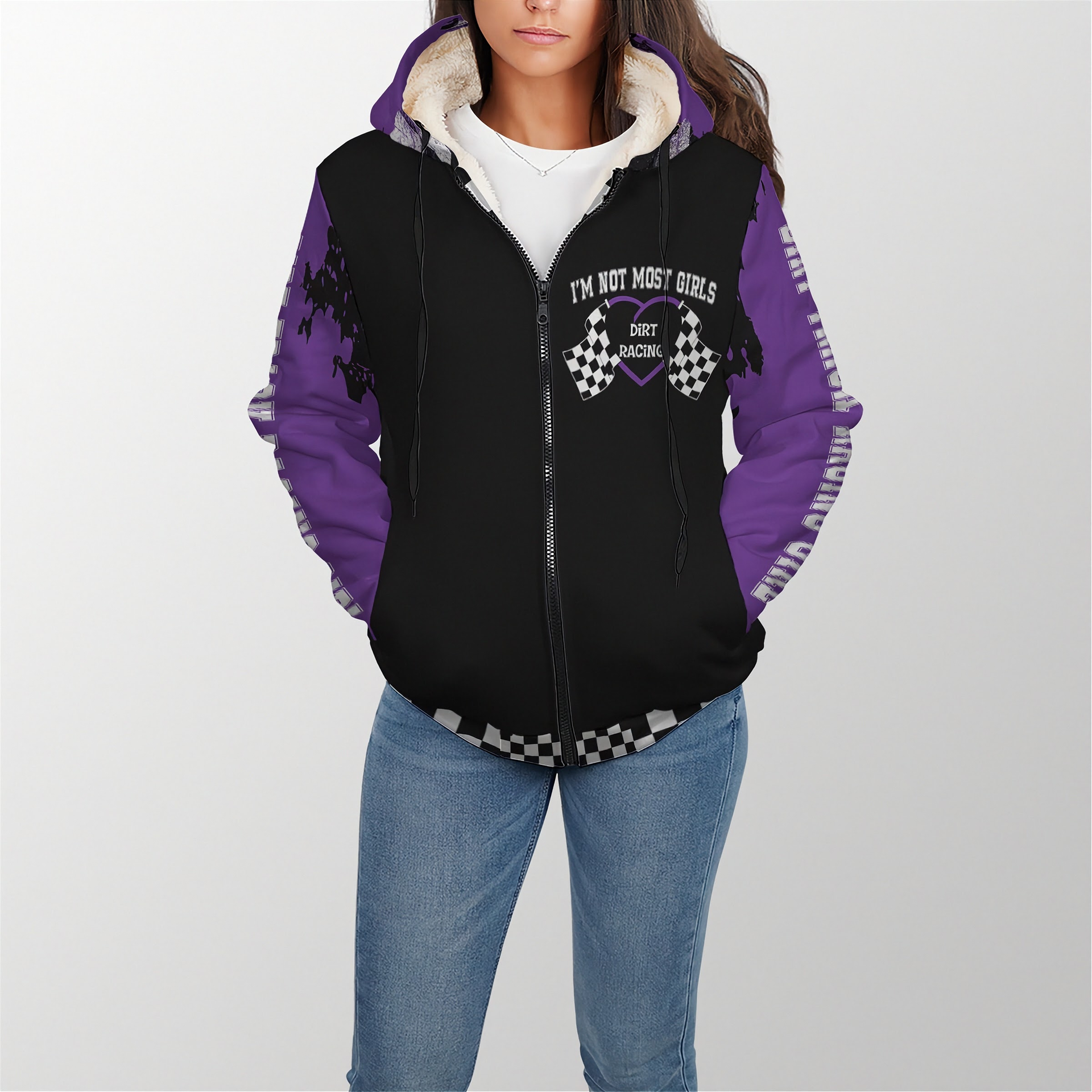 woman wearing a Black and purple dirt racing jacket with text and graphics on a white background