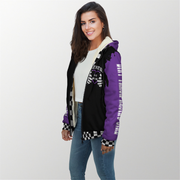 woman wearing a Black and purple dirt racing jacket with text and graphics on a white background