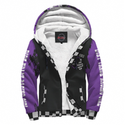 Purple and black hoodie with white lining on a white background