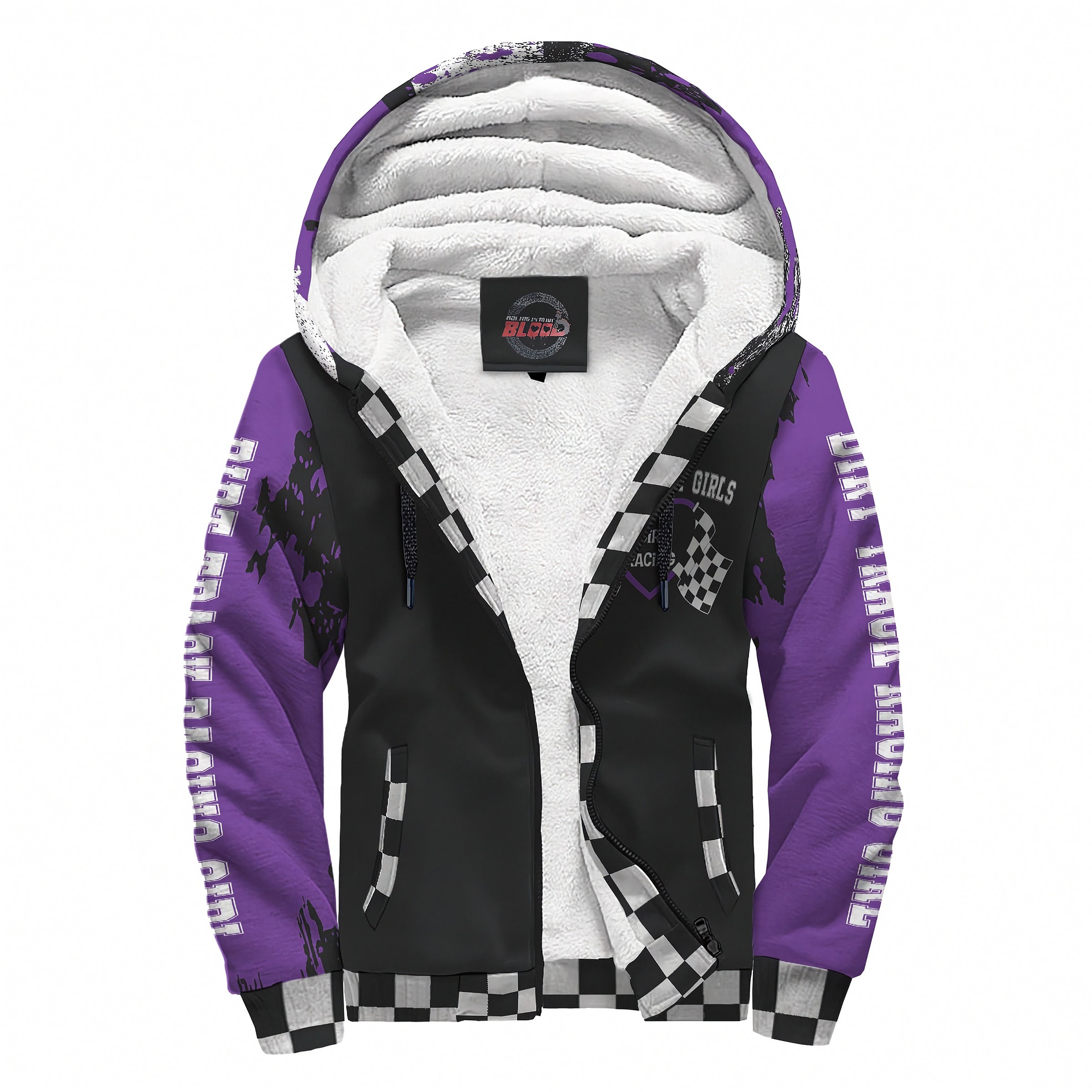 Purple and black hoodie with white lining on a white background