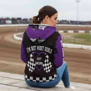 Woman sitting at a dirt race track wearing a dirt racing sherpa hoodie