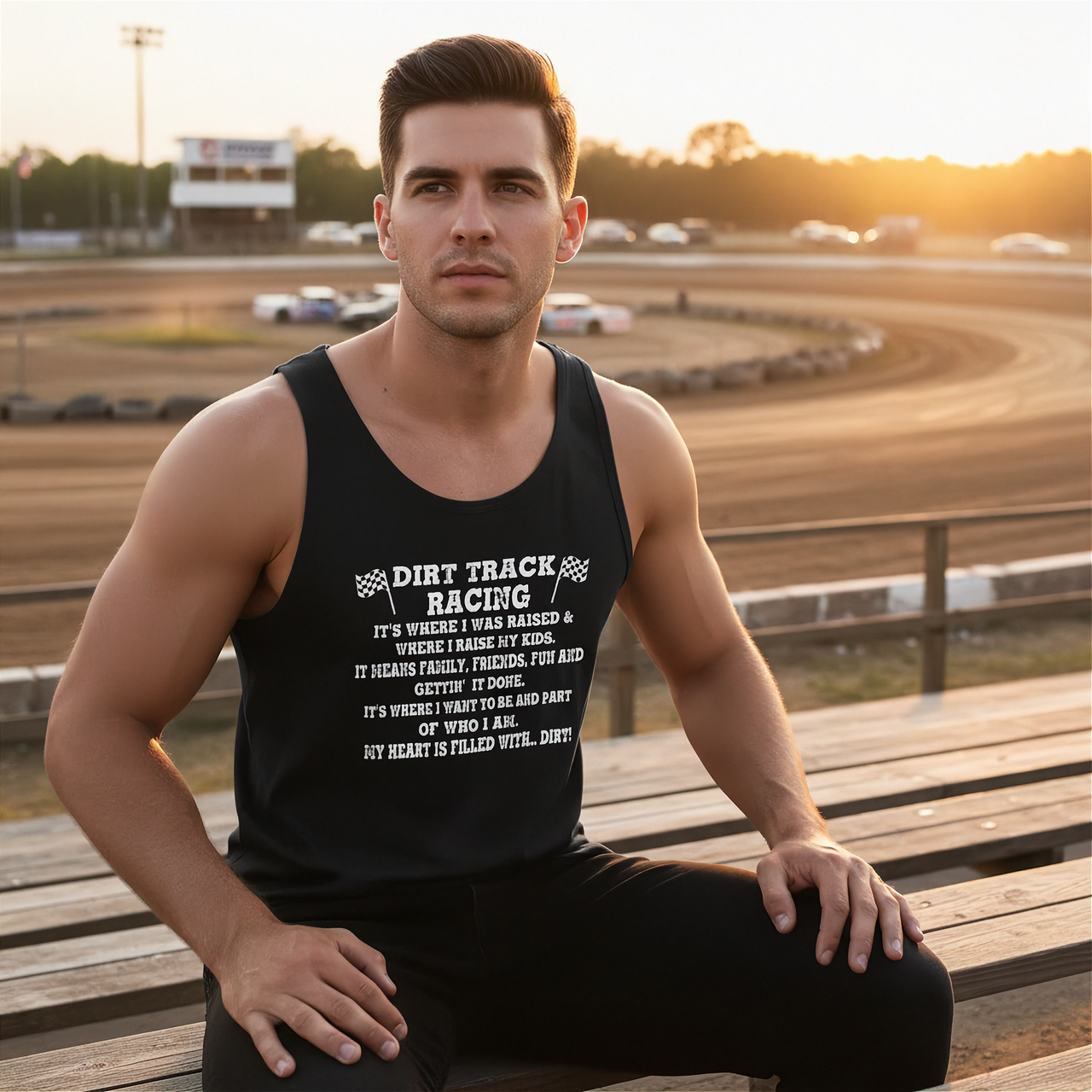 Family-focused dirt track racing apparel featuring the quote Dirt Track Racing It's Where I Was Raised Where I Raise My Kids for racing dads, moms, and stock car fans.
