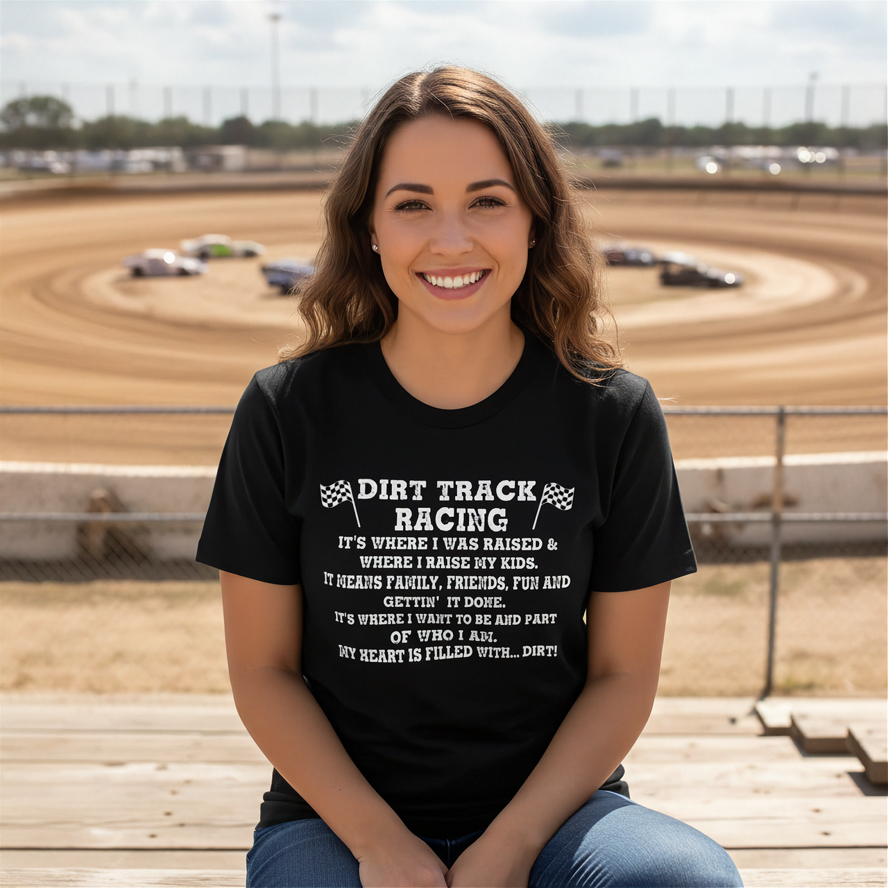 Family-focused dirt track racing apparel featuring the quote Dirt Track Racing It's Where I Was Raised Where I Raise My Kids for racing dads, moms, and stock car fans.