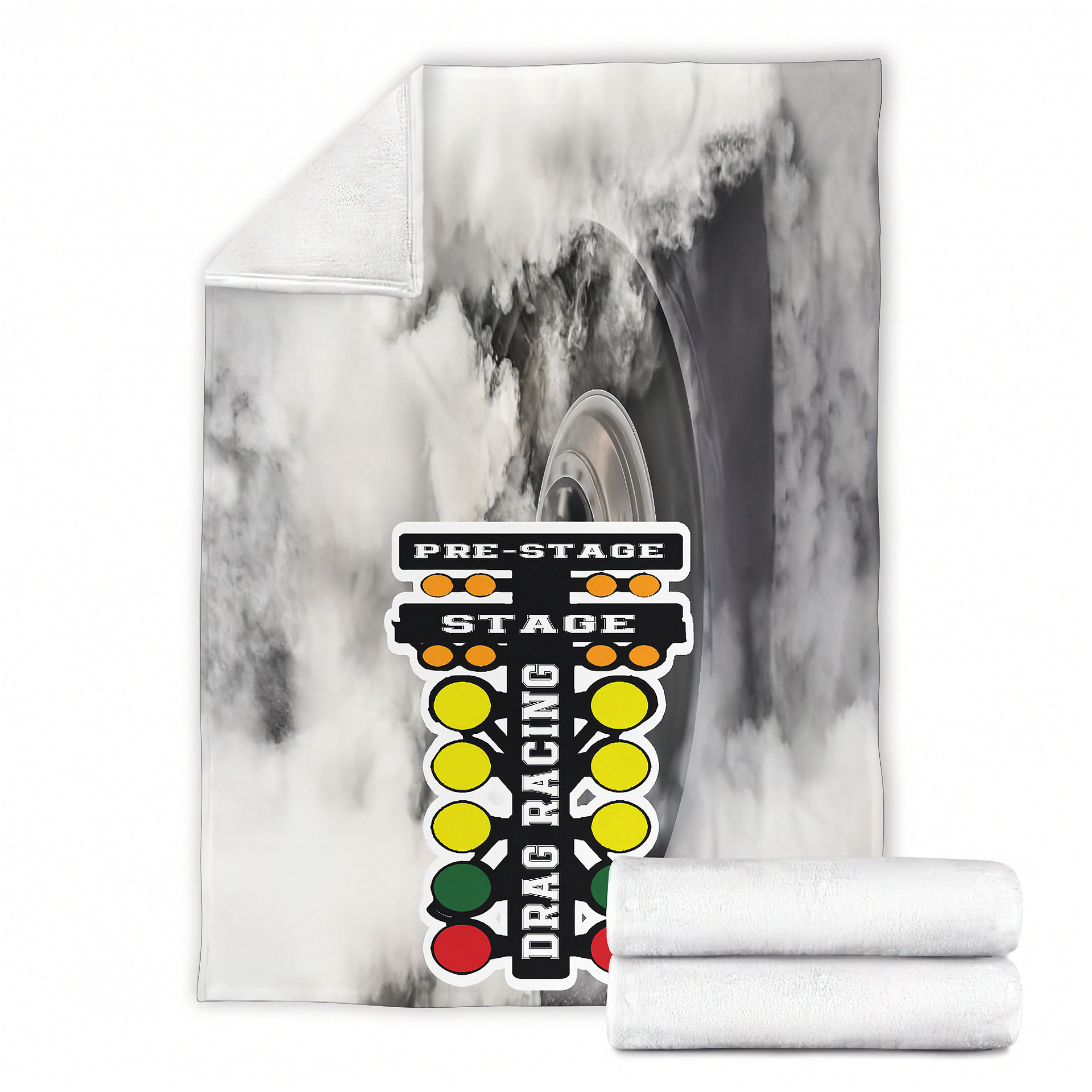Marble-patterned towel with a tire graphic and racing-themed sticker on a white background