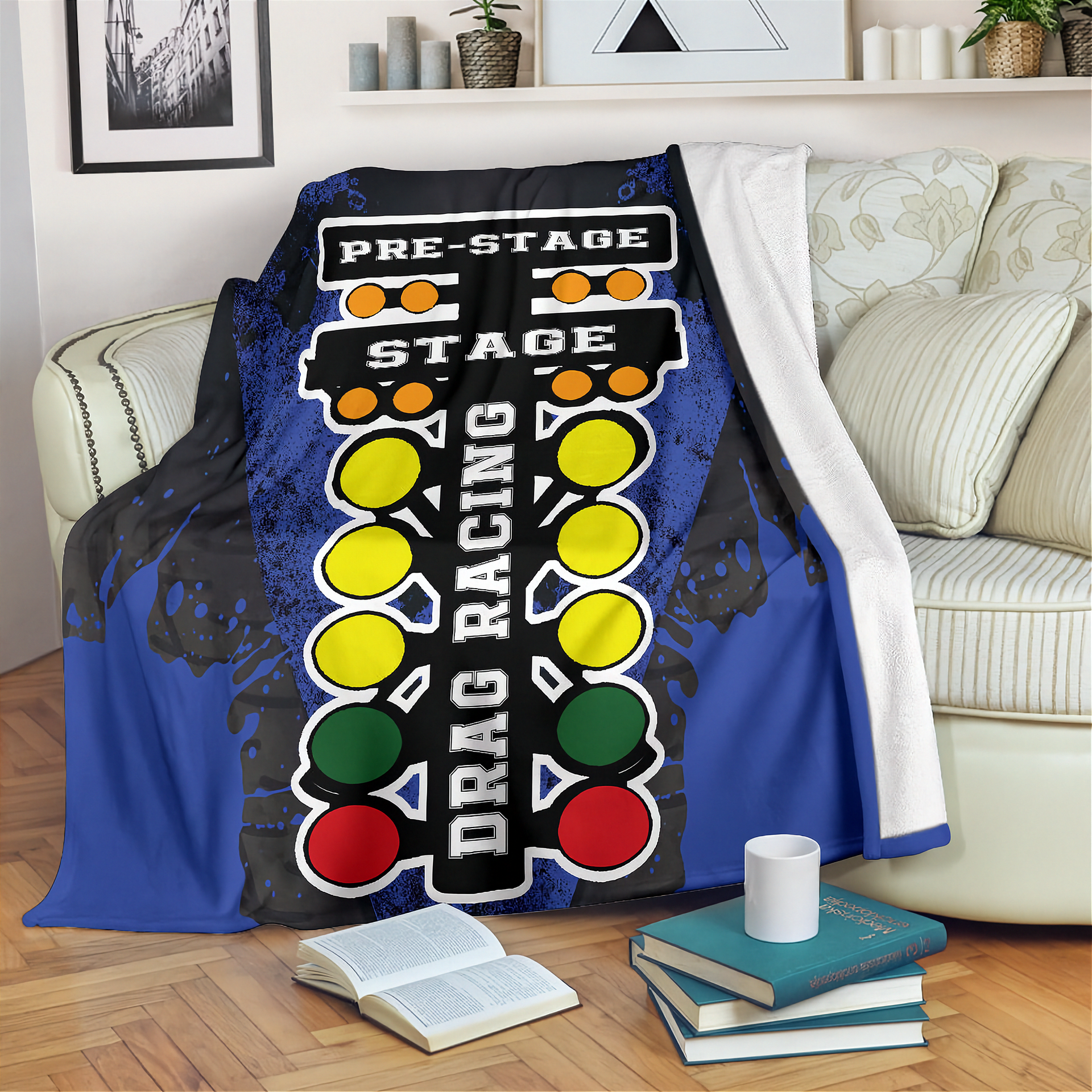 Drag racing themed blanket draped over a chair in a living room setting