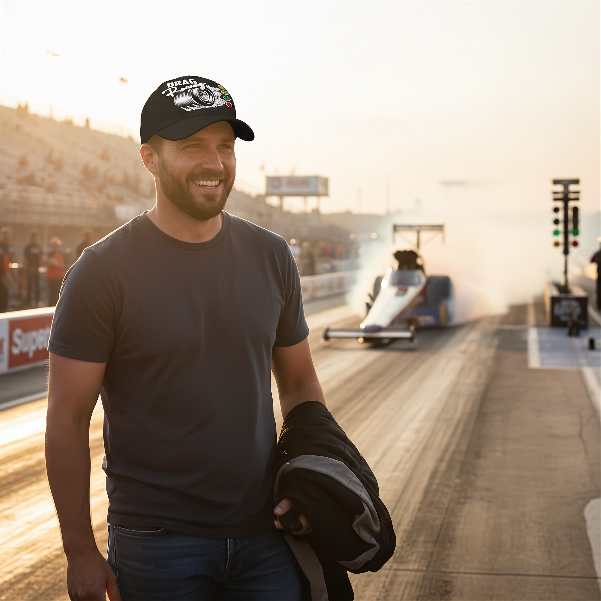 man at a drag race track with cars behind him wearing a drag racing baseball cap