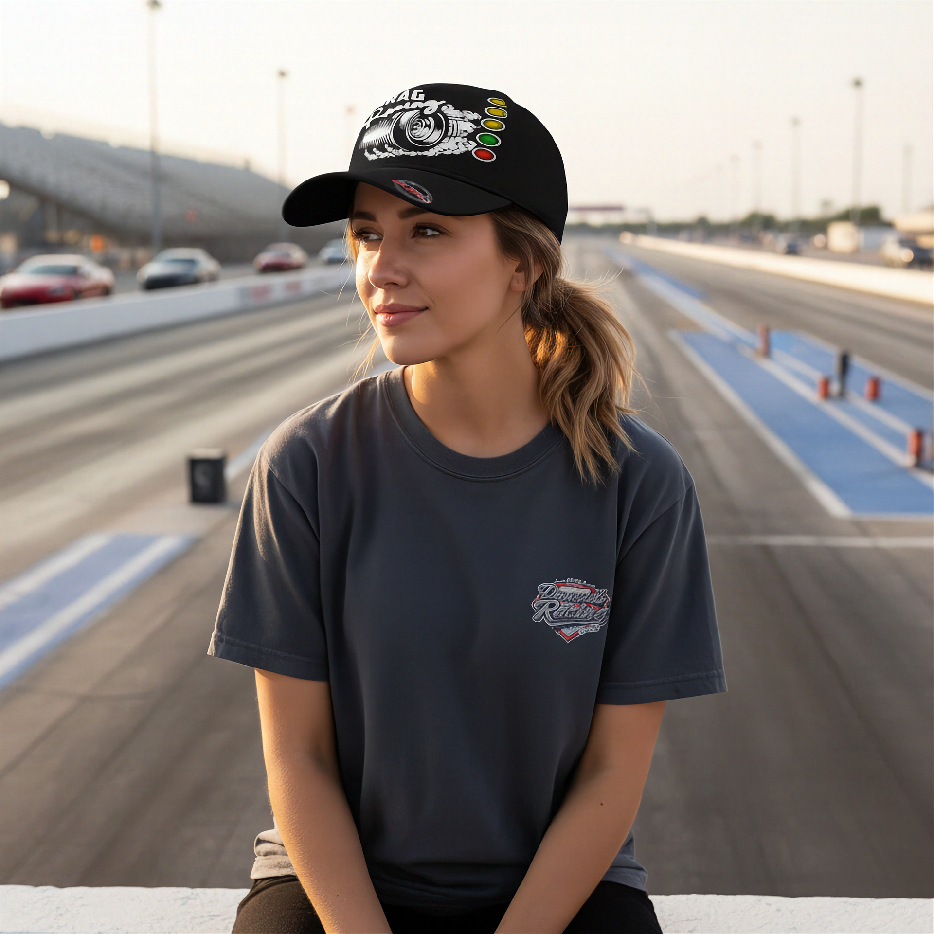 Woman sitting at a drag race track with cars behind wearing a drag racing baseball cap