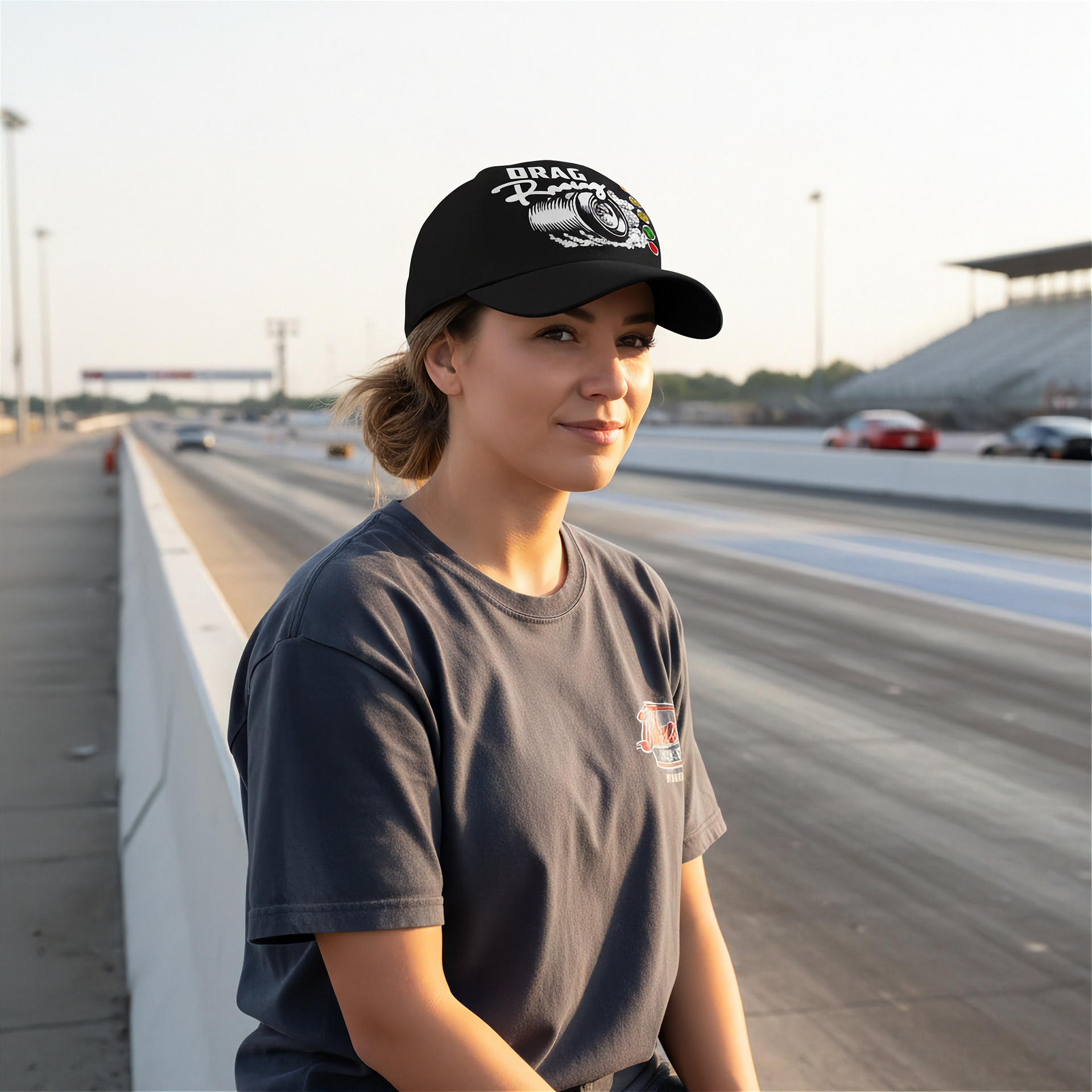 Woman sitting at a drag race track with cars on the side wearing a drag racing baseball cap