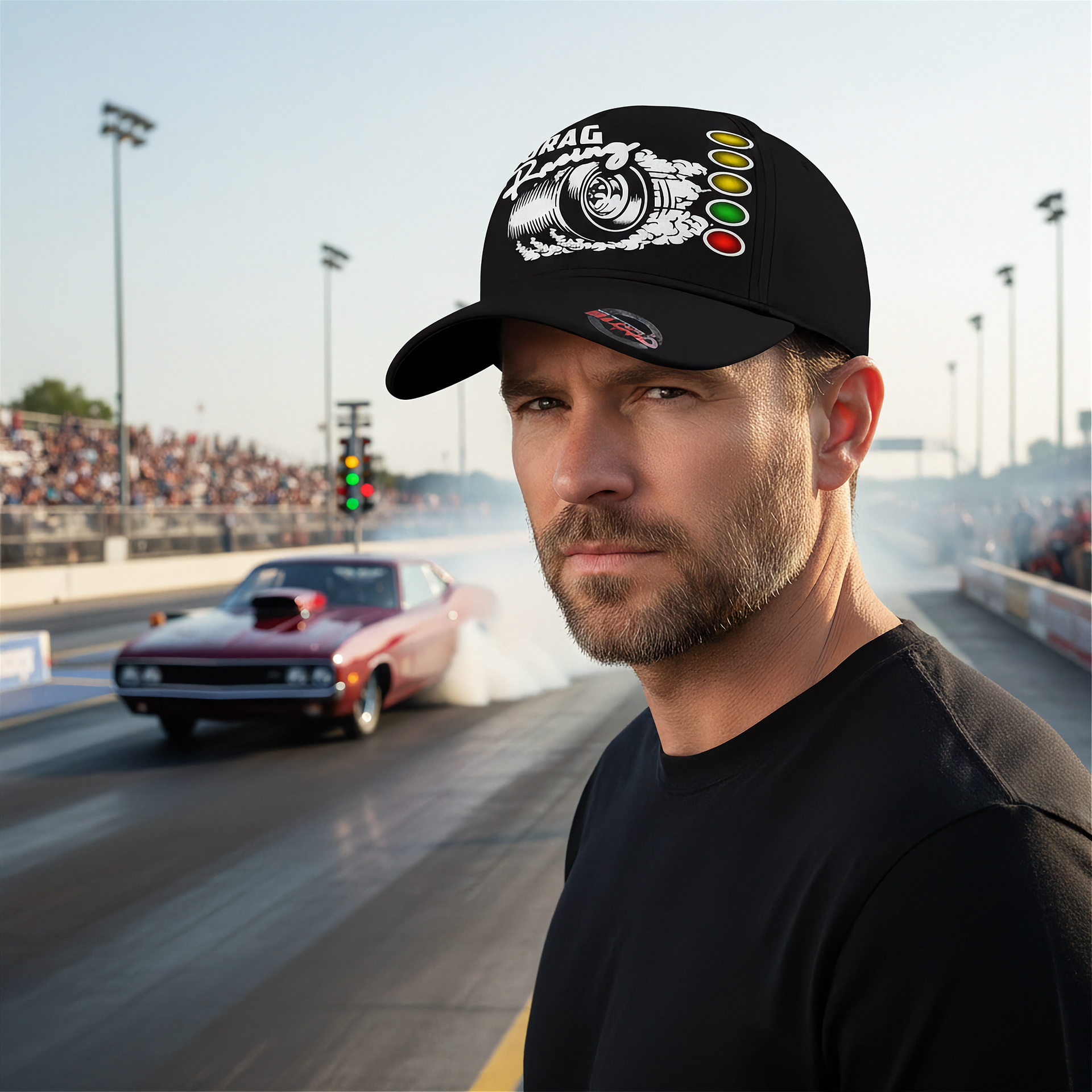 man at a drag race track with cars behind him wearing a drag racing baseball cap