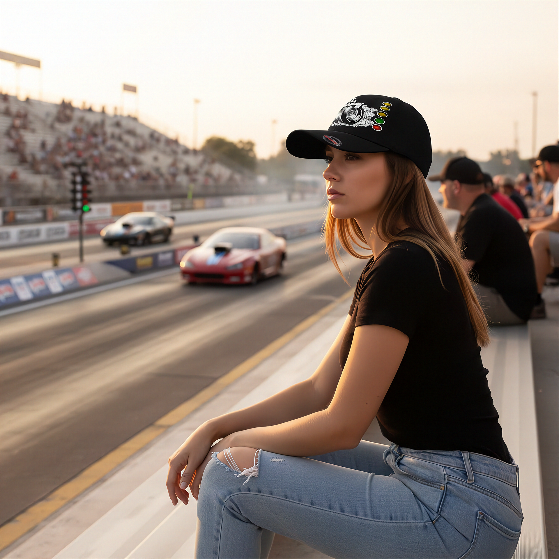 Woman sitting at a drag race track with cars on the side wearing a drag racing baseball cap