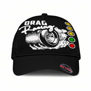 Black cap with drag racing design and light bulb elements on a white background