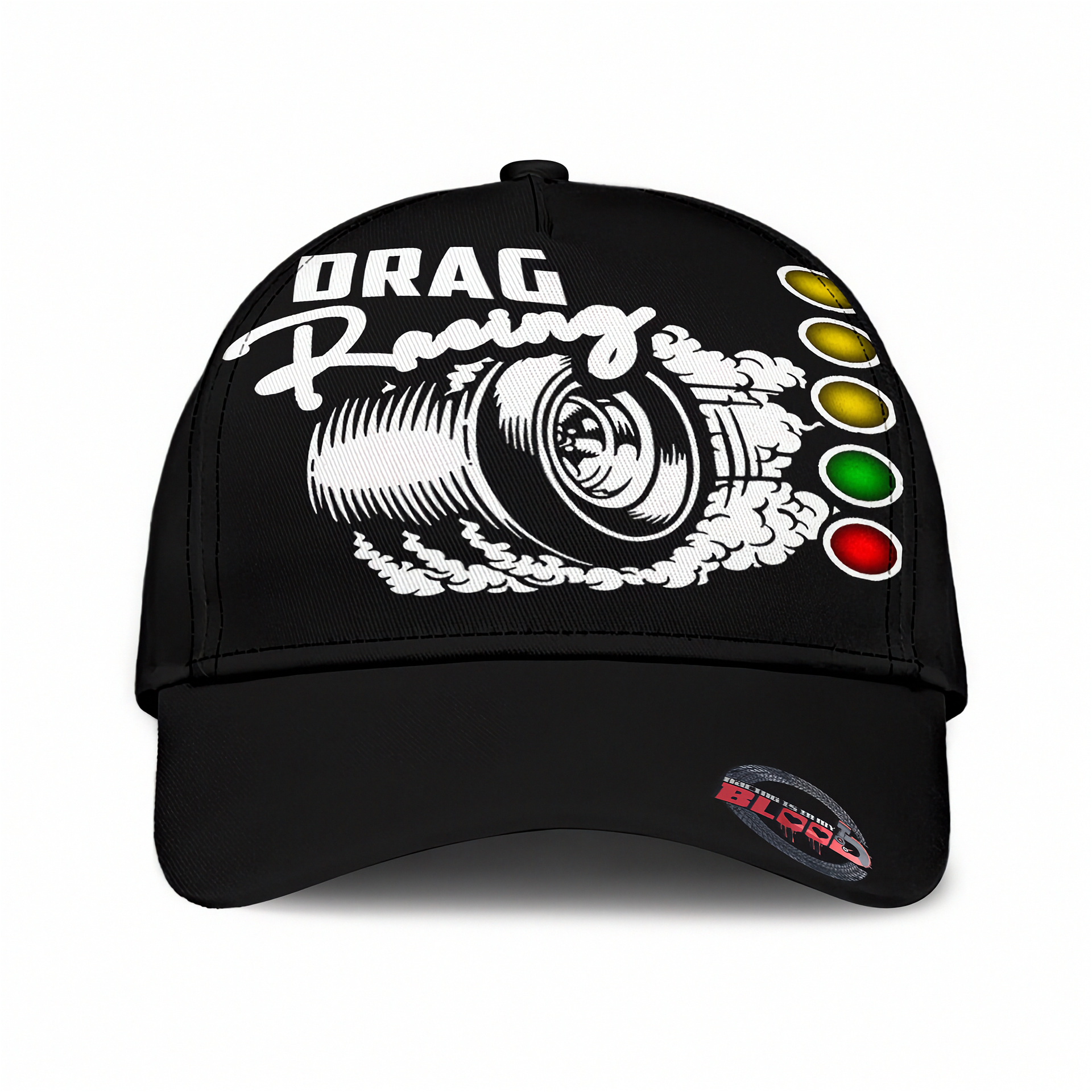 Black cap with drag racing design and light bulb elements on a white background