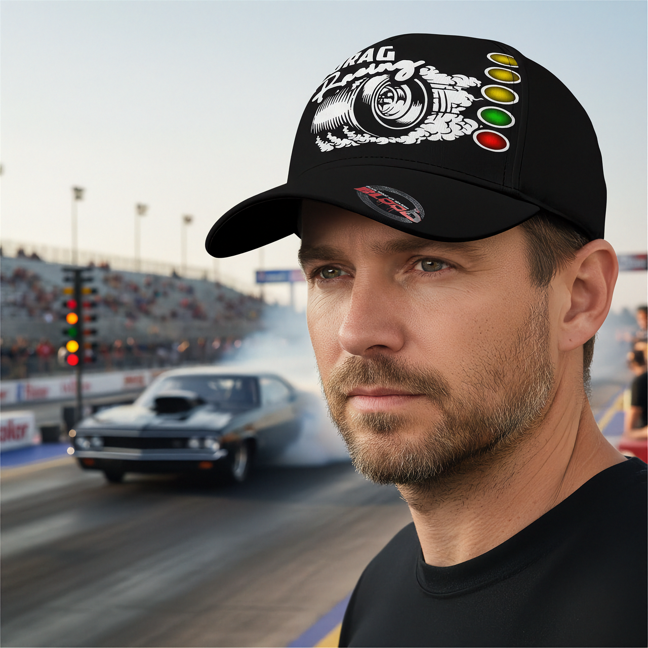Man wearing a black cap with drag racing-themed design at a drag race track.