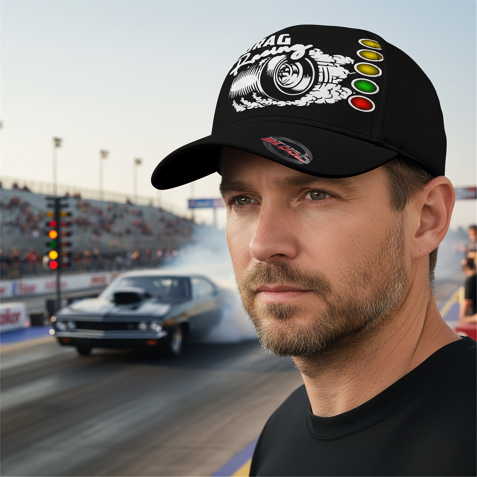 Man wearing a black cap with drag racing-themed design at a drag race track.