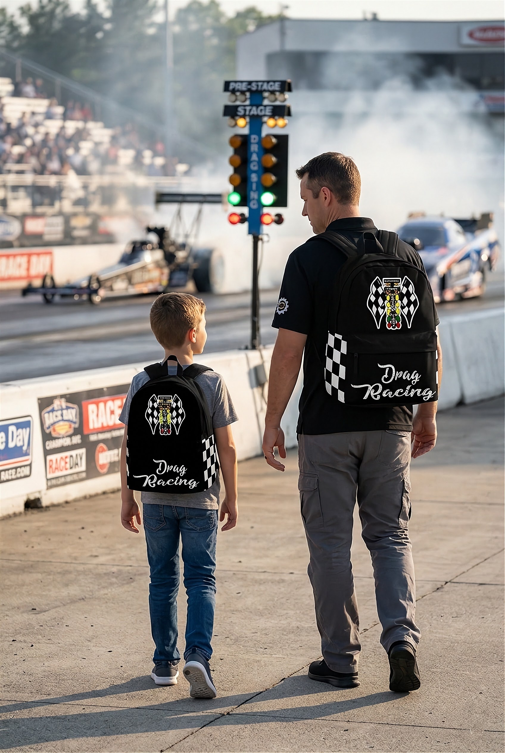 Premium drag racing gear backpack with a padded airflow mesh back panel, designed for drag strip spectators, mechanics, and car enthusiasts.