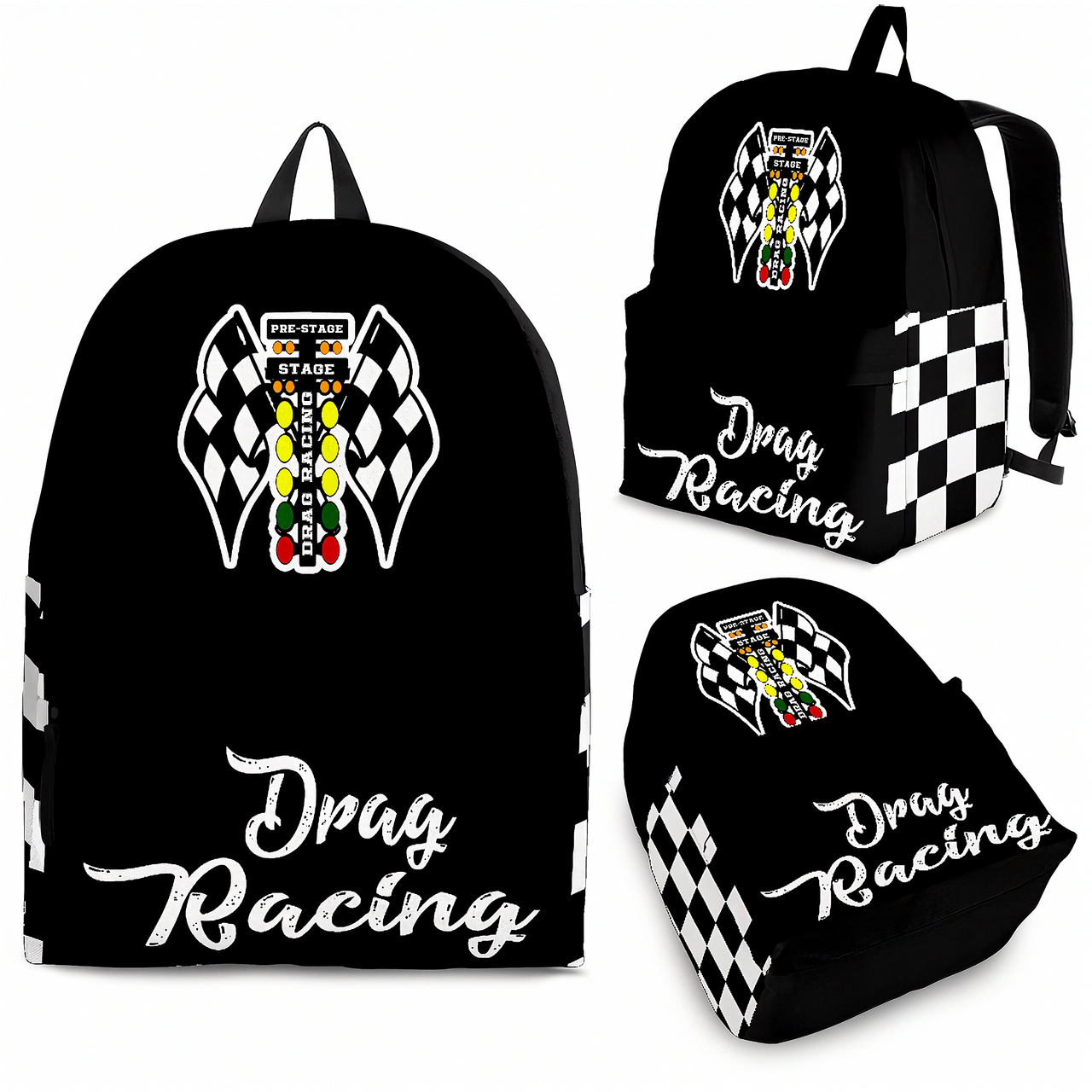 Premium drag racing gear backpack with a padded airflow mesh back panel, designed for drag strip spectators, mechanics, and car enthusiasts.