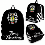 Premium drag racing gear backpack with a padded airflow mesh back panel, designed for drag strip spectators, mechanics, and car enthusiasts.
