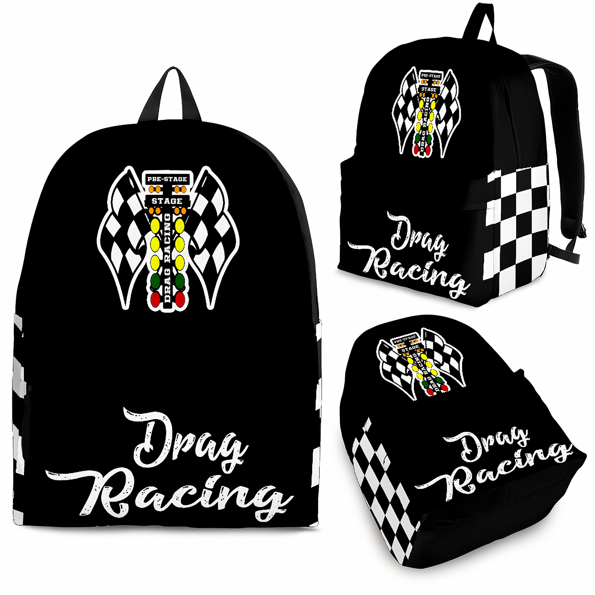Premium drag racing gear backpack with a padded airflow mesh back panel, designed for drag strip spectators, mechanics, and car enthusiasts.